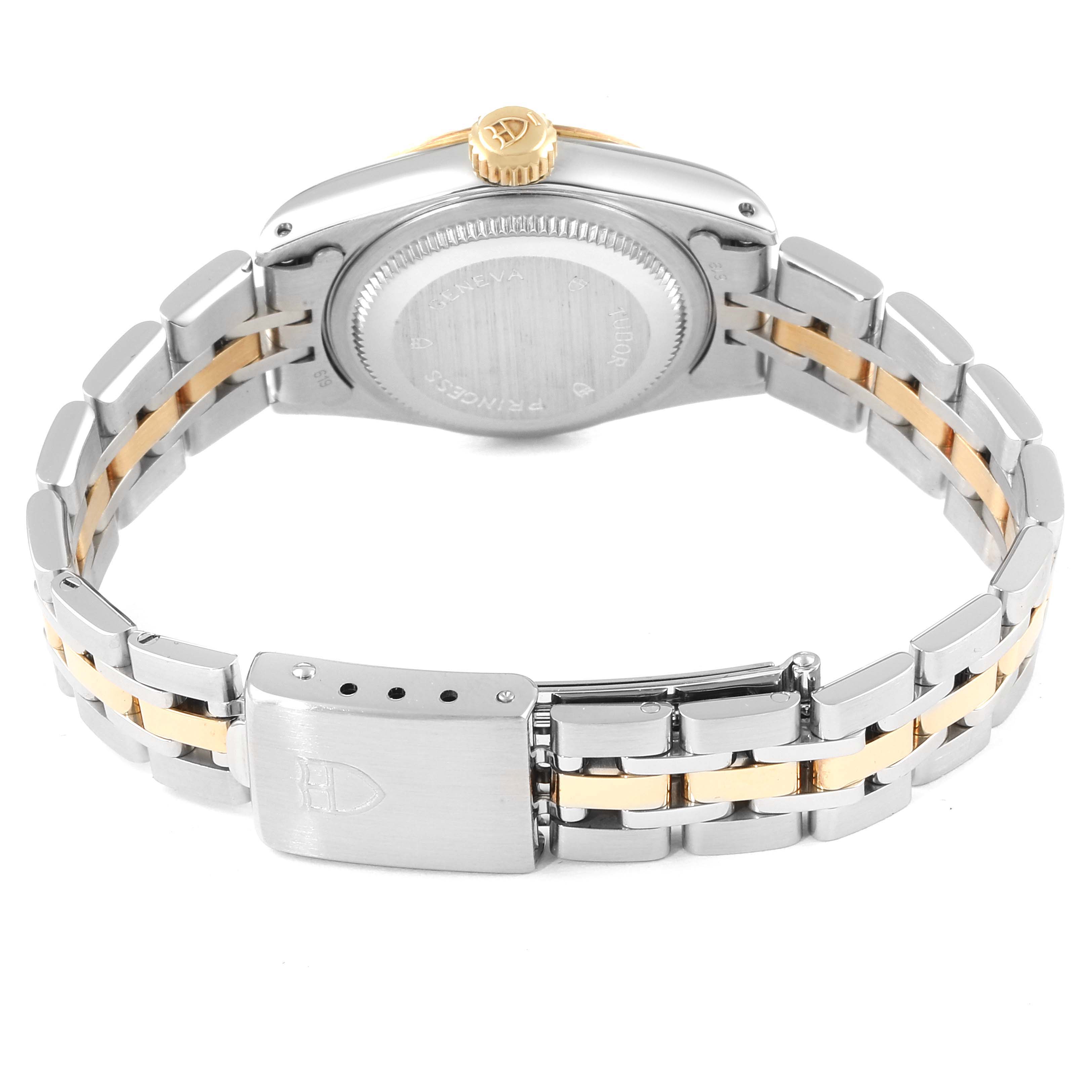 The photo displays the back and bracelet of the Tudor Princess 92413 Women's Steel and Gold (two tone) Champagne Dial 92413 Women's Steel and Gold (two tone) Champagne Dial watch, including the crown, case back, and clasp.