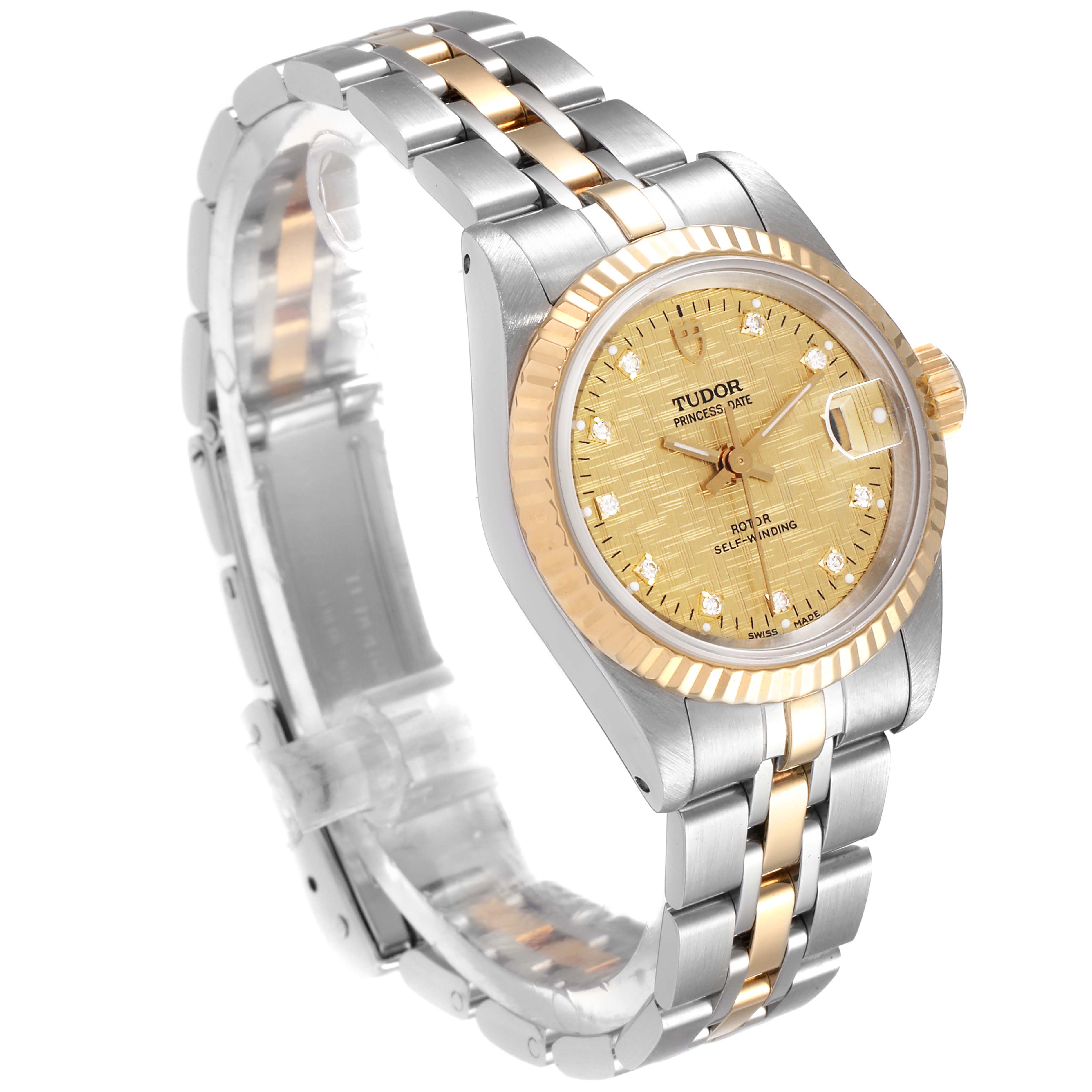 The image shows a Tudor Princess 92413 Women's Steel and Gold (two tone) Champagne Dial 92413 Women's Steel and Gold (two tone) Champagne Dial model watch from an angle displaying the face, bezel, crown, and a portion of the bracelet.