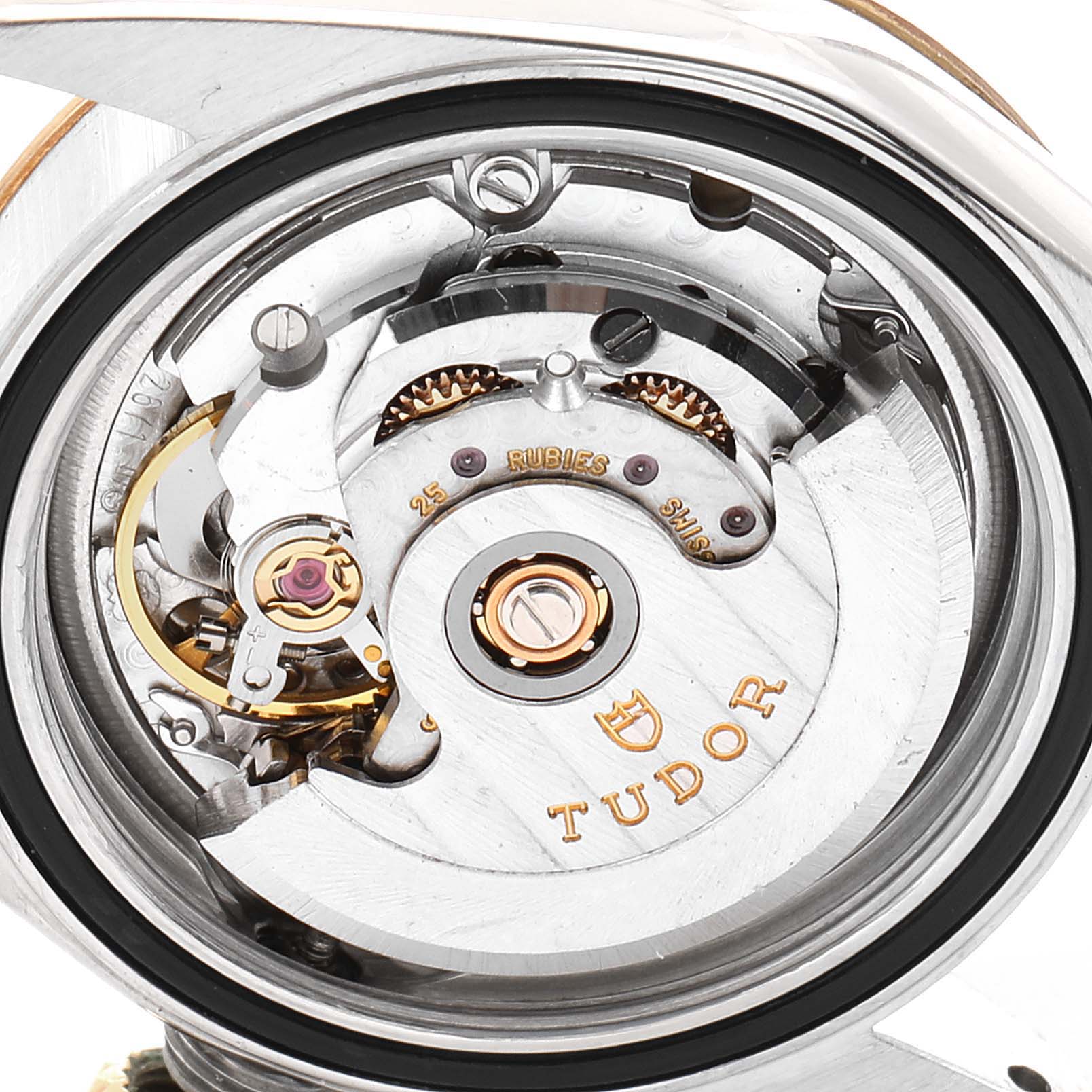 This image shows a close-up of the movement and internal mechanism of a Tudor Princess 92413 Women's Steel and Gold (two tone) Champagne Dial 92413 Women's Steel and Gold (two tone) Champagne Dial model watch.