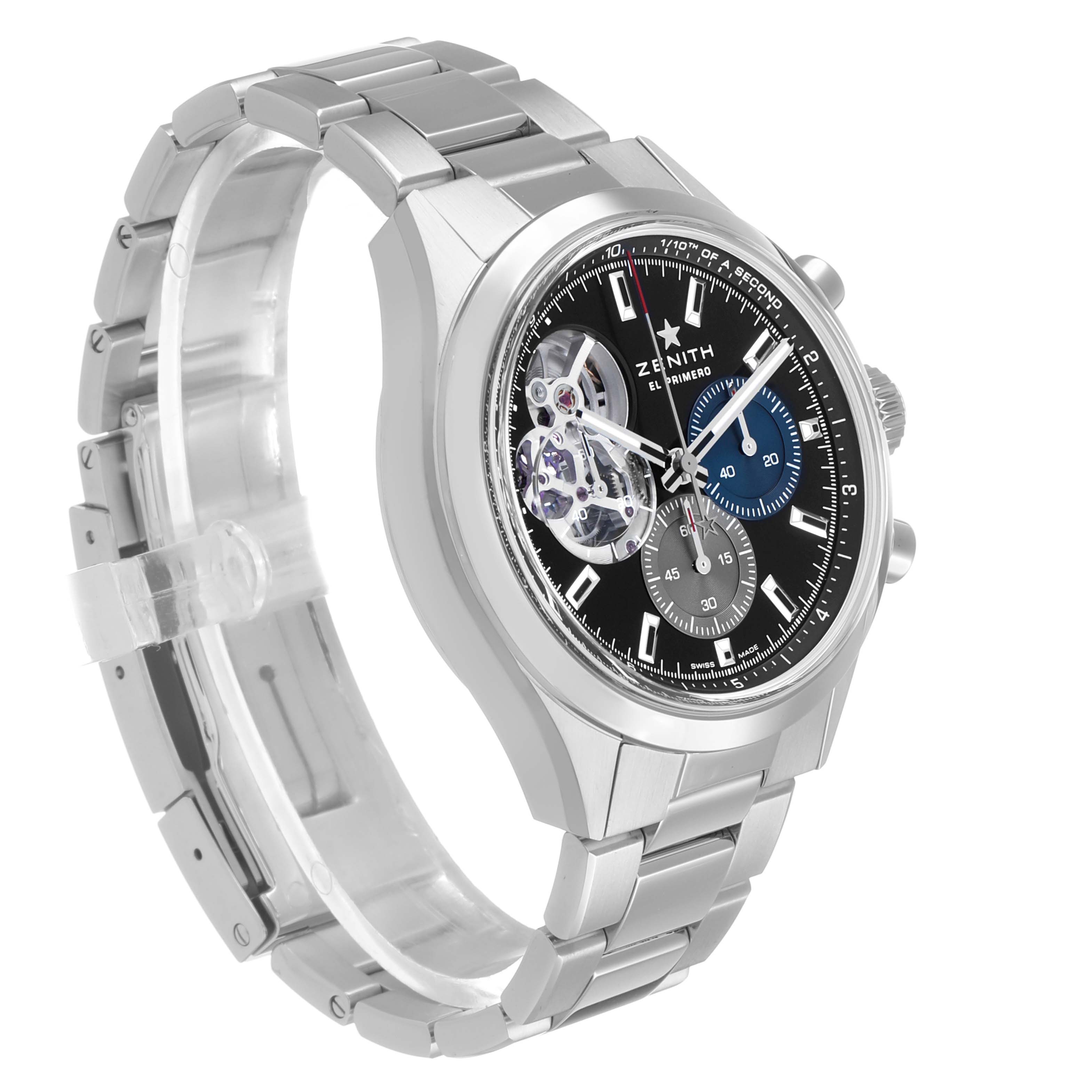 The Zenith Chronomaster 03.3300.3604 / 21.M3300 Men's Stainless Steel Black Dial watch is shown at a slight angle, displaying the face, bezel, crown, pushers, and part of the bracelet.