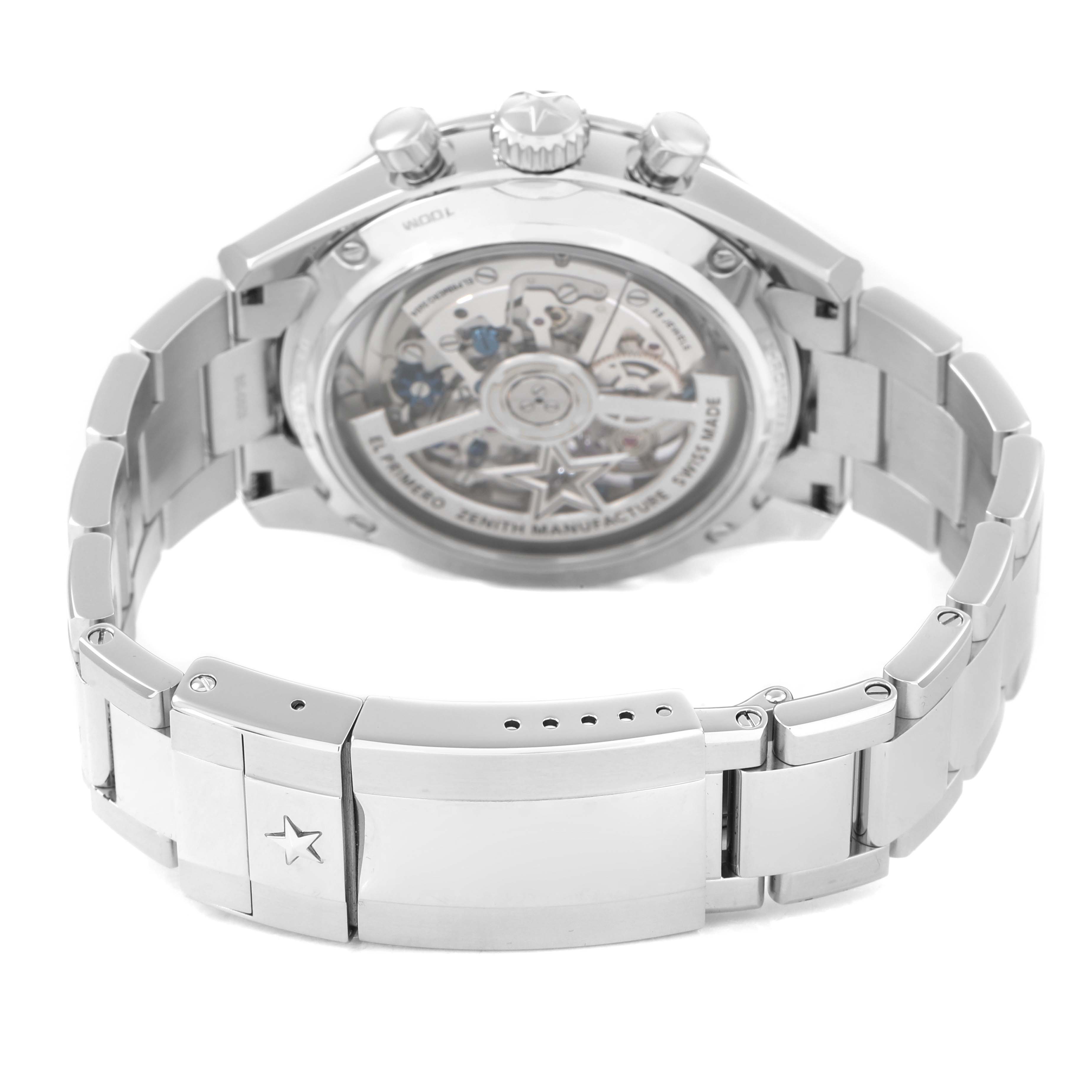 The Zenith Chronomaster 03.3300.3604 / 21.M3300 Men's Stainless Steel Black Dial watch is shown from the back, highlighting its exhibition case back and stainless steel bracelet.