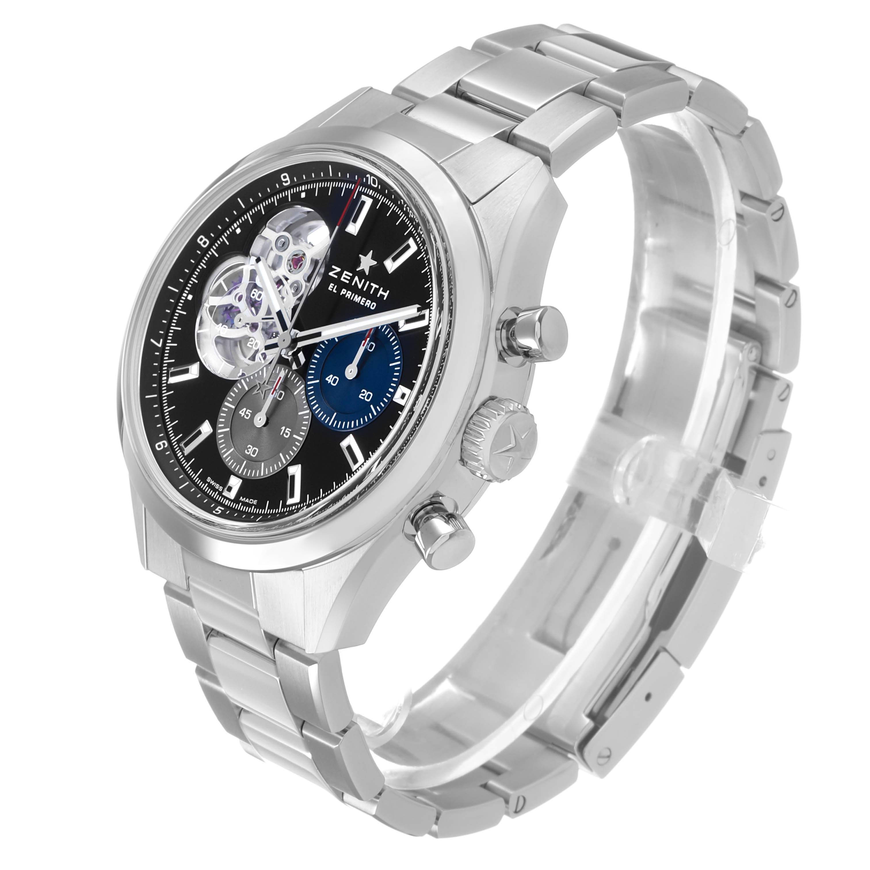 The Zenith Chronomaster 03.3300.3604 / 21.M3300 Men's Stainless Steel Black Dial watch is shown at a three-quarter angle displaying its dial, bezel, crown, and bracelet.