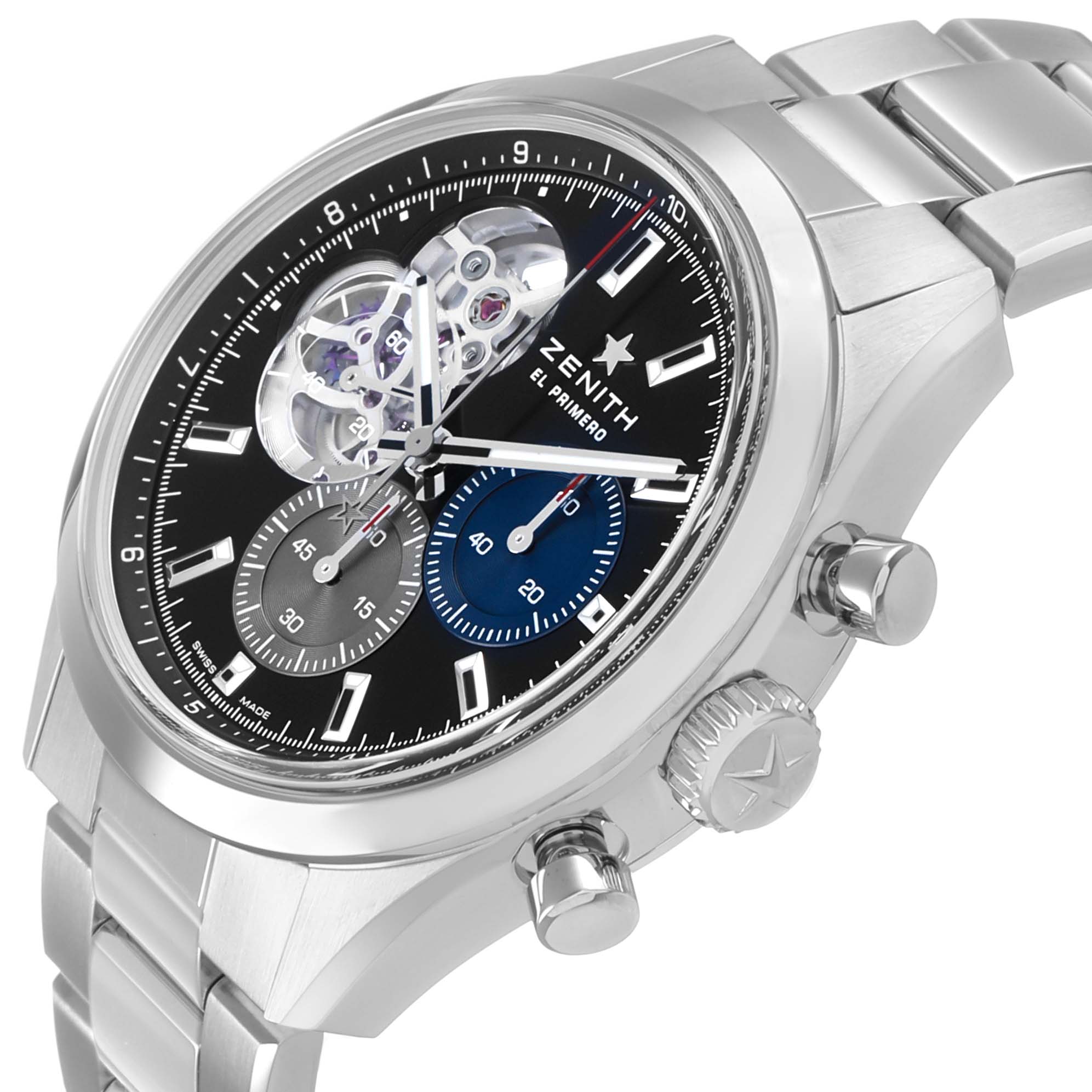 The Zenith Chronomaster 03.3300.3604 / 21.M3300 Men's Stainless Steel Black Dial watch is shown at a three-quarter angle, highlighting the dial, crown, pushers, and bracelet.