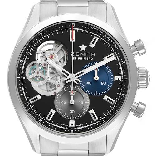 The Zenith Chronomaster 03.3300.3604 / 21.M3300 Men's Stainless Steel Black Dial watch is shown from a direct frontal angle, highlighting its dials and skeletonized design.