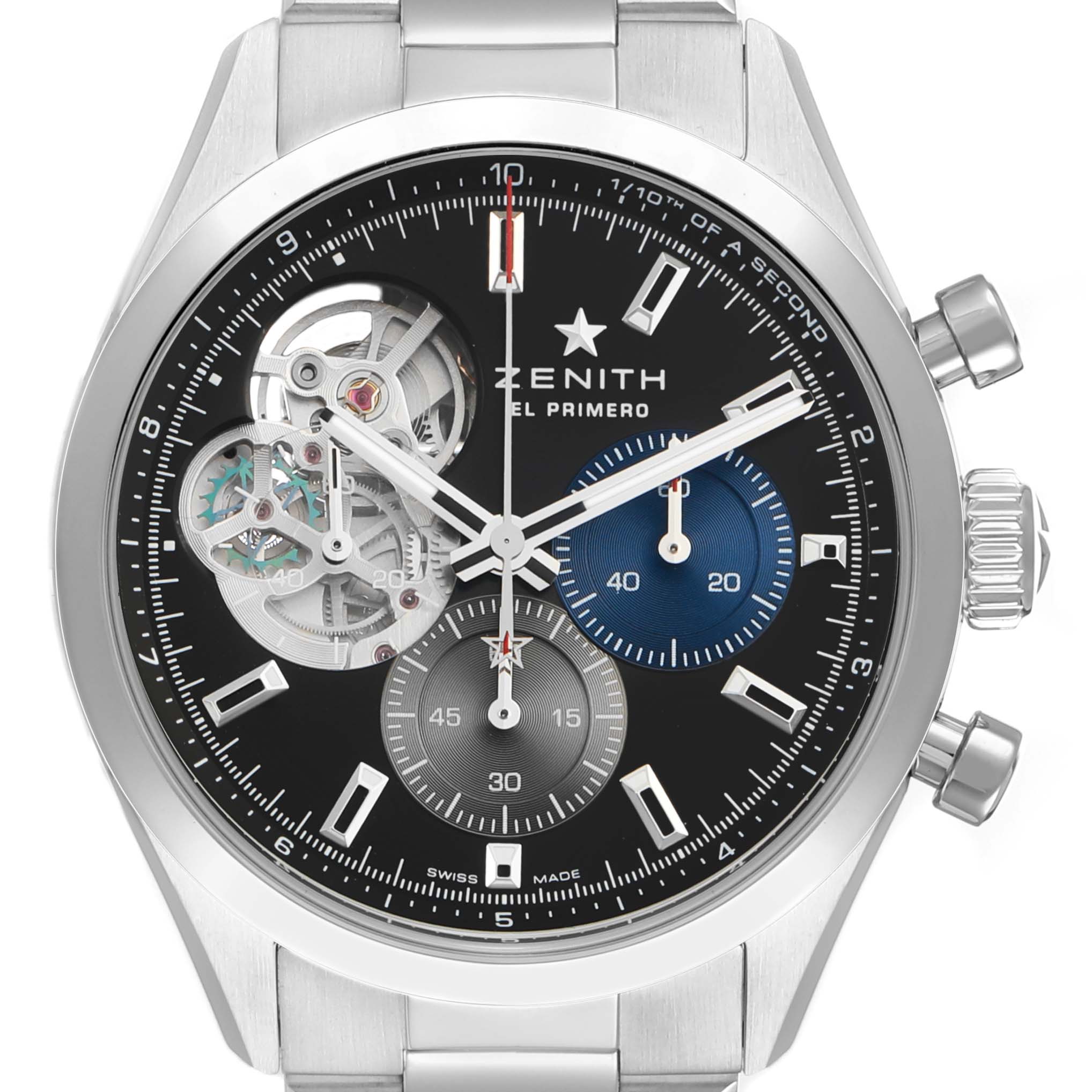 The Zenith Chronomaster 03.3300.3604 / 21.M3300 Men's Stainless Steel Black Dial watch is shown from a front angle, highlighting the dial, subdials, crown, and pushers.