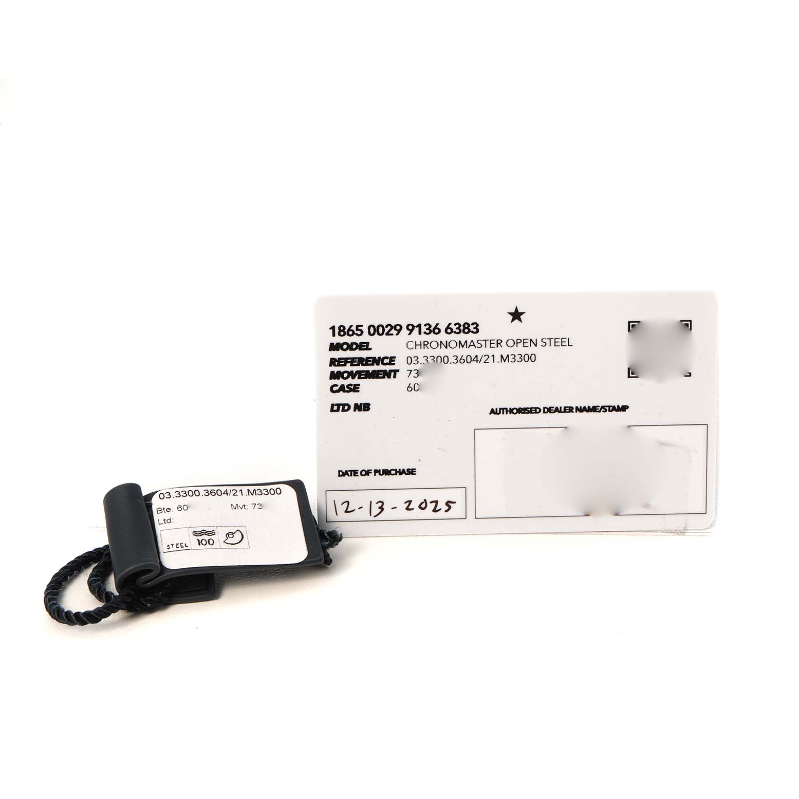 The image shows the warranty card and tag for a Zenith Chronomaster 03.3300.3604 / 21.M3300 Men's Stainless Steel Black Dial Open Steel watch, detailing reference and purchase date.