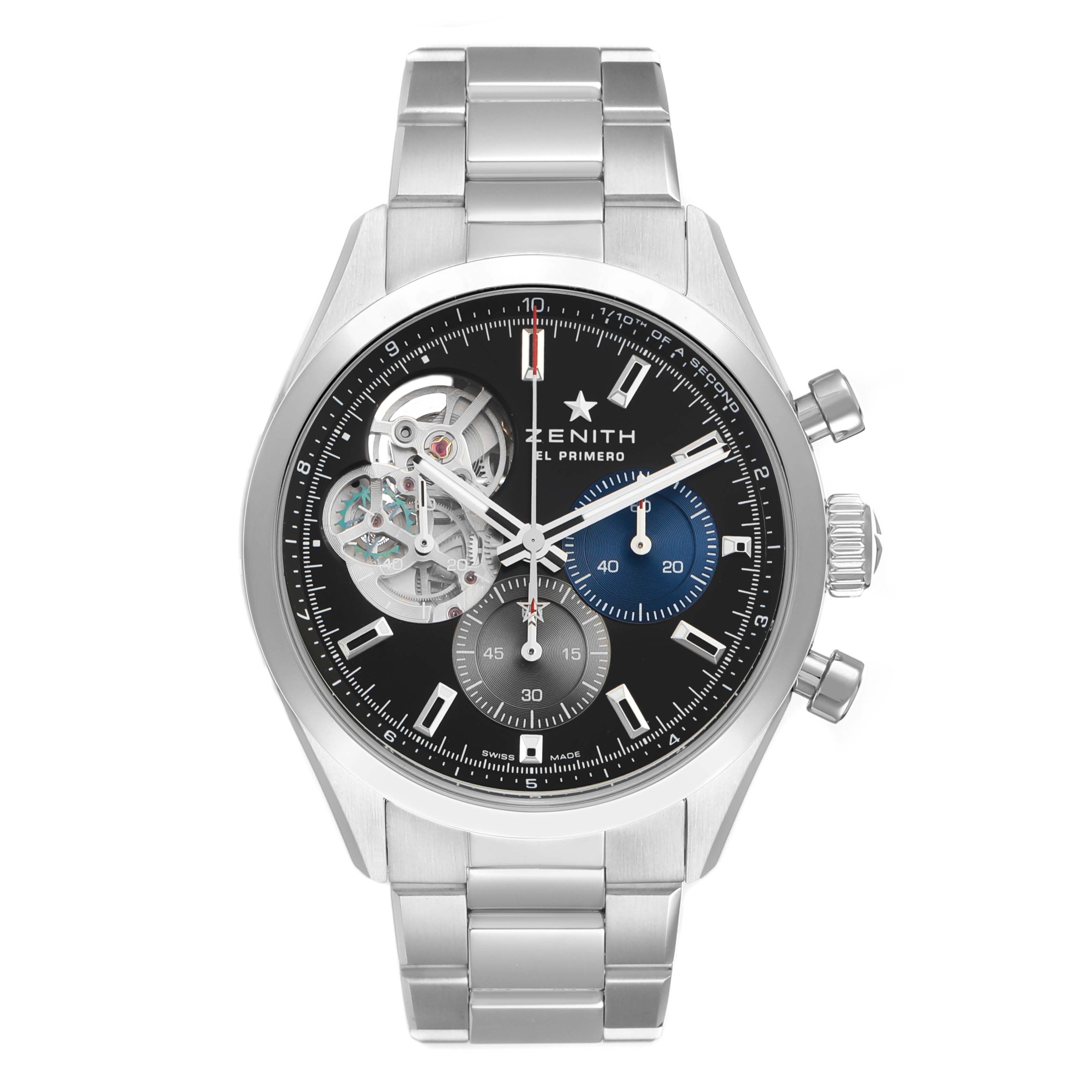 The Zenith Chronomaster 03.3300.3604 / 21.M3300 Men's Stainless Steel Black Dial watch is shown from the front, displaying its dial, subdials, and partial skeleton design.