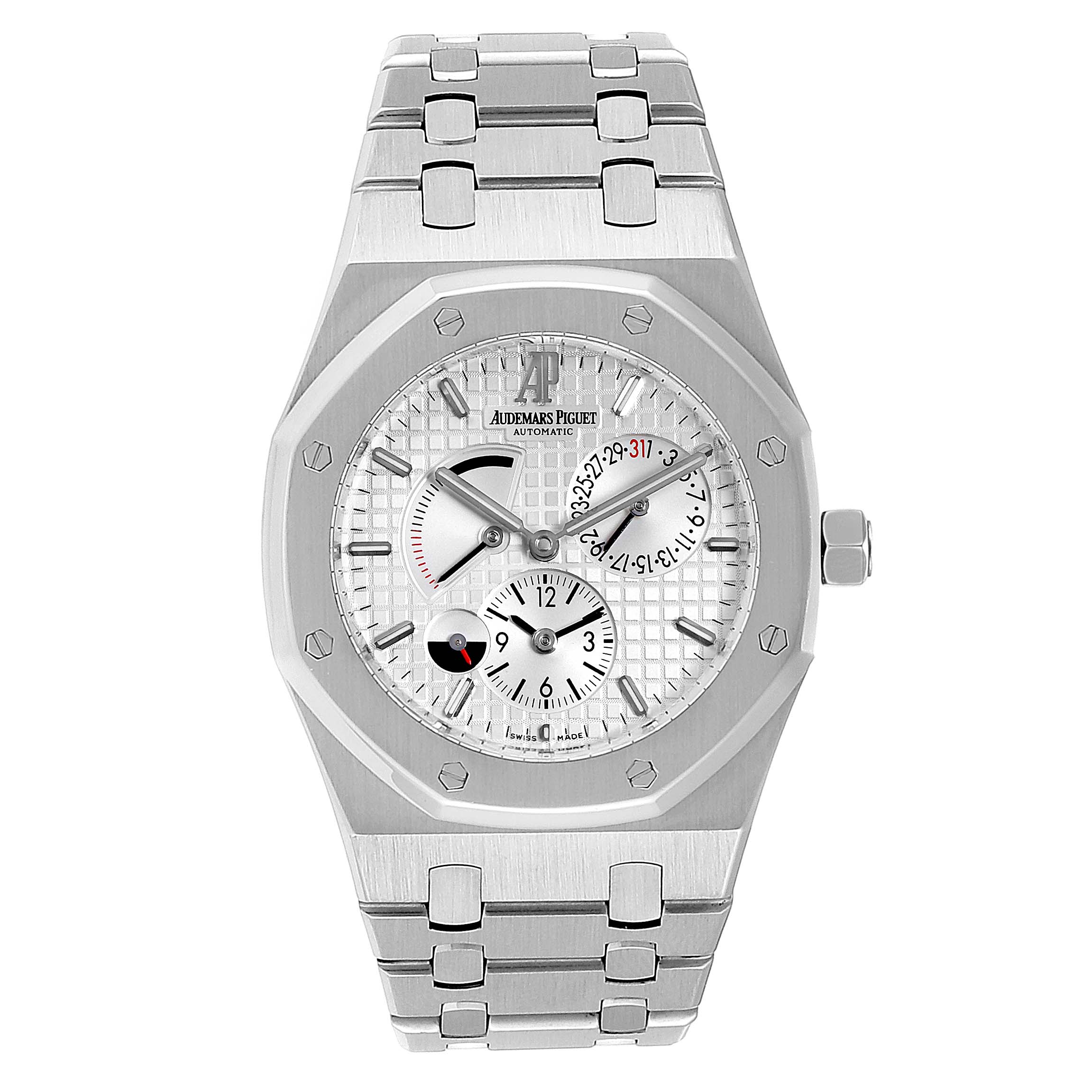 This image shows a front view of an Audemars Piguet Royal Oak 26120ST.OO.1220ST.01 Men's Stainless Steel Silver Dial 26120ST.OO.1220ST.01 Men's Stainless Steel Silver Dial watch with a visible dial, bracelet, and crown.
