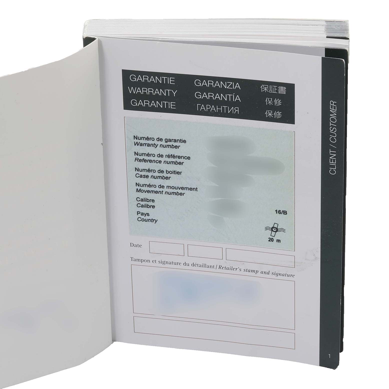 The image shows an open warranty booklet for a Royal Oak Offshore model by Audemars Piguet, displaying warranty and reference numbers.