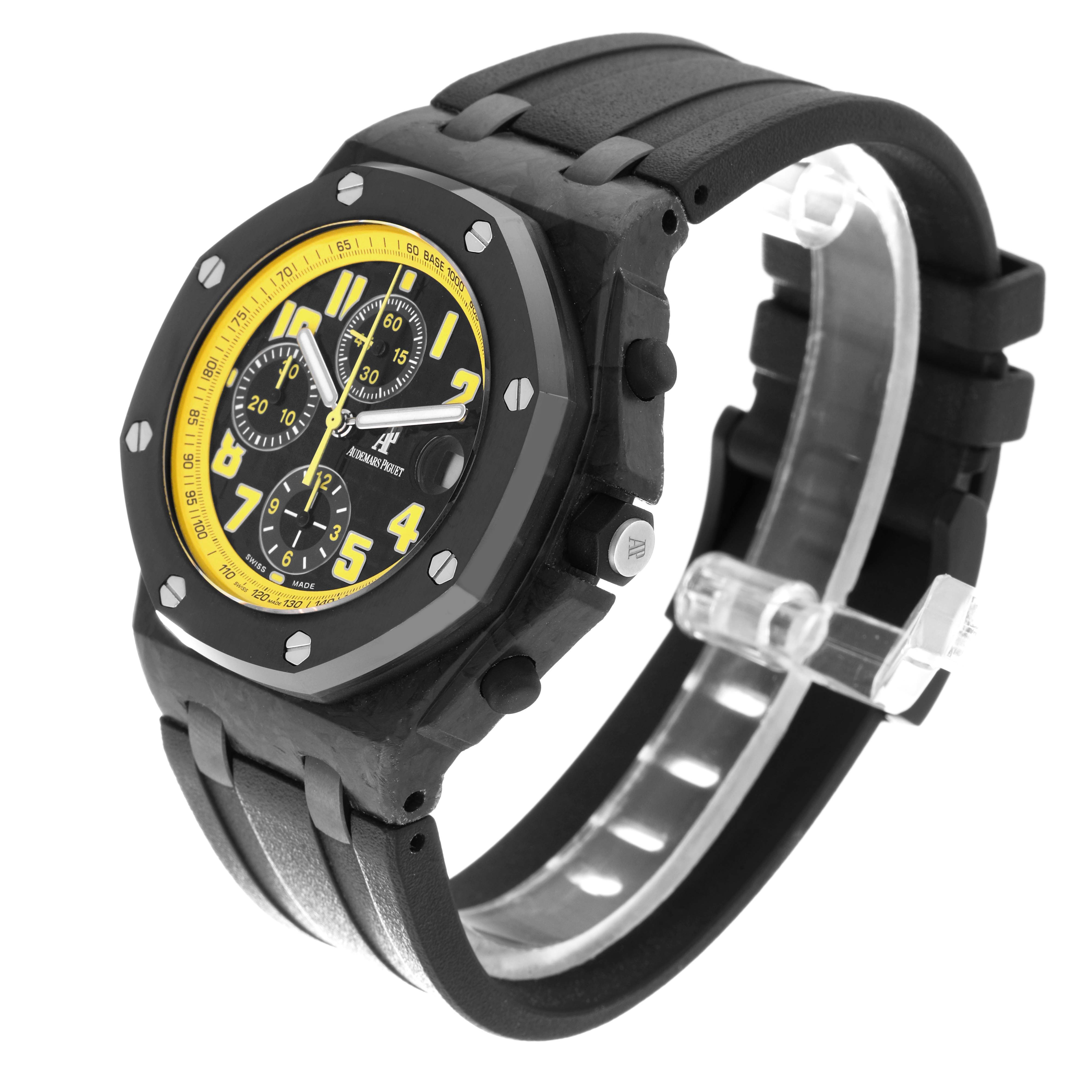 This image shows a side and angled view of the Royal Oak Offshore model by Audemars Piguet, highlighting its black and yellow dial and rubber strap.