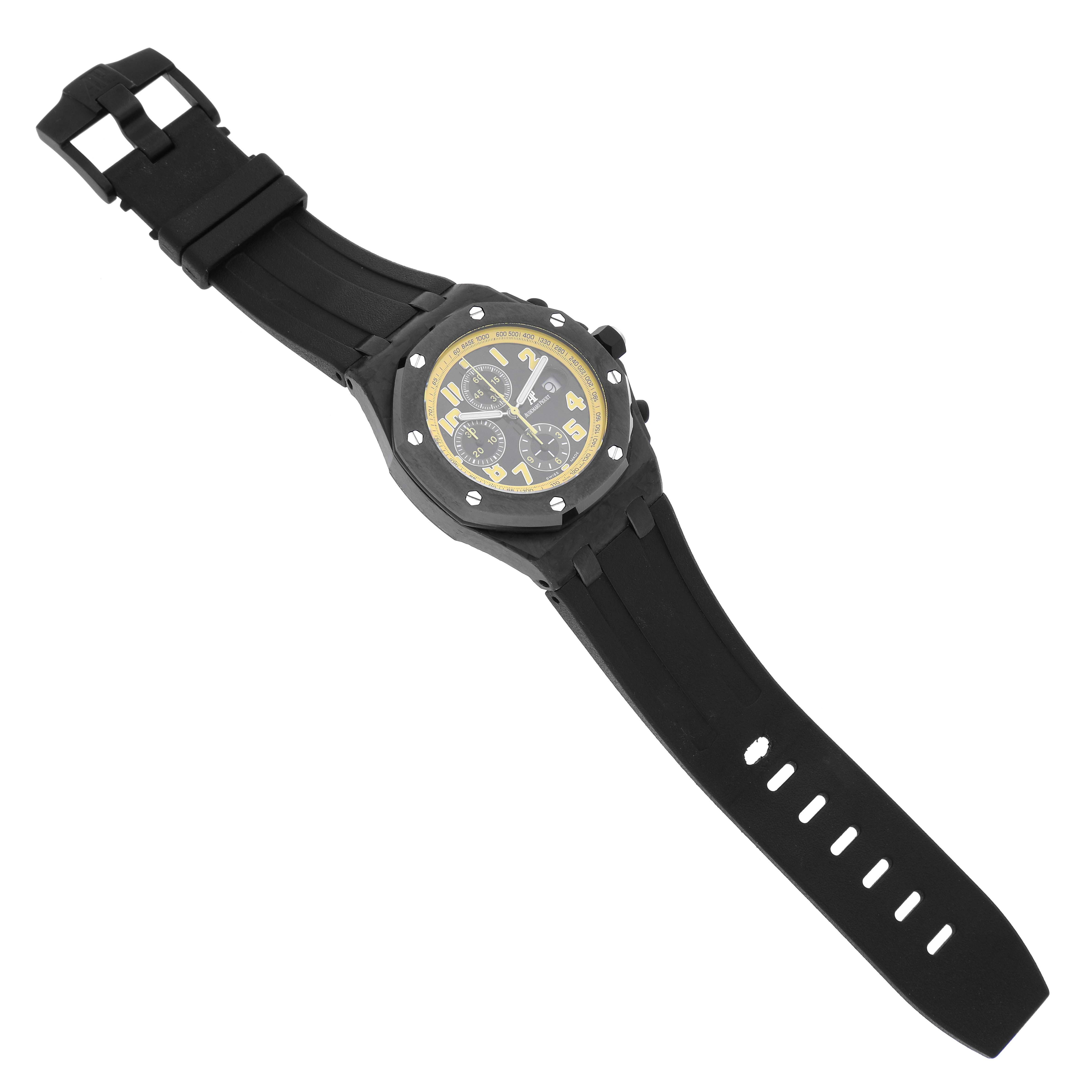 This image shows an Audemars Piguet Royal Oak Offshore 26176FO.OO.D101CR.02 Men
s Titanium Black Dial 26176FO.OO.D101CR.02 Men
s Titanium Black Dial watch with a black strap, angled slightly to display the watch face and strap.