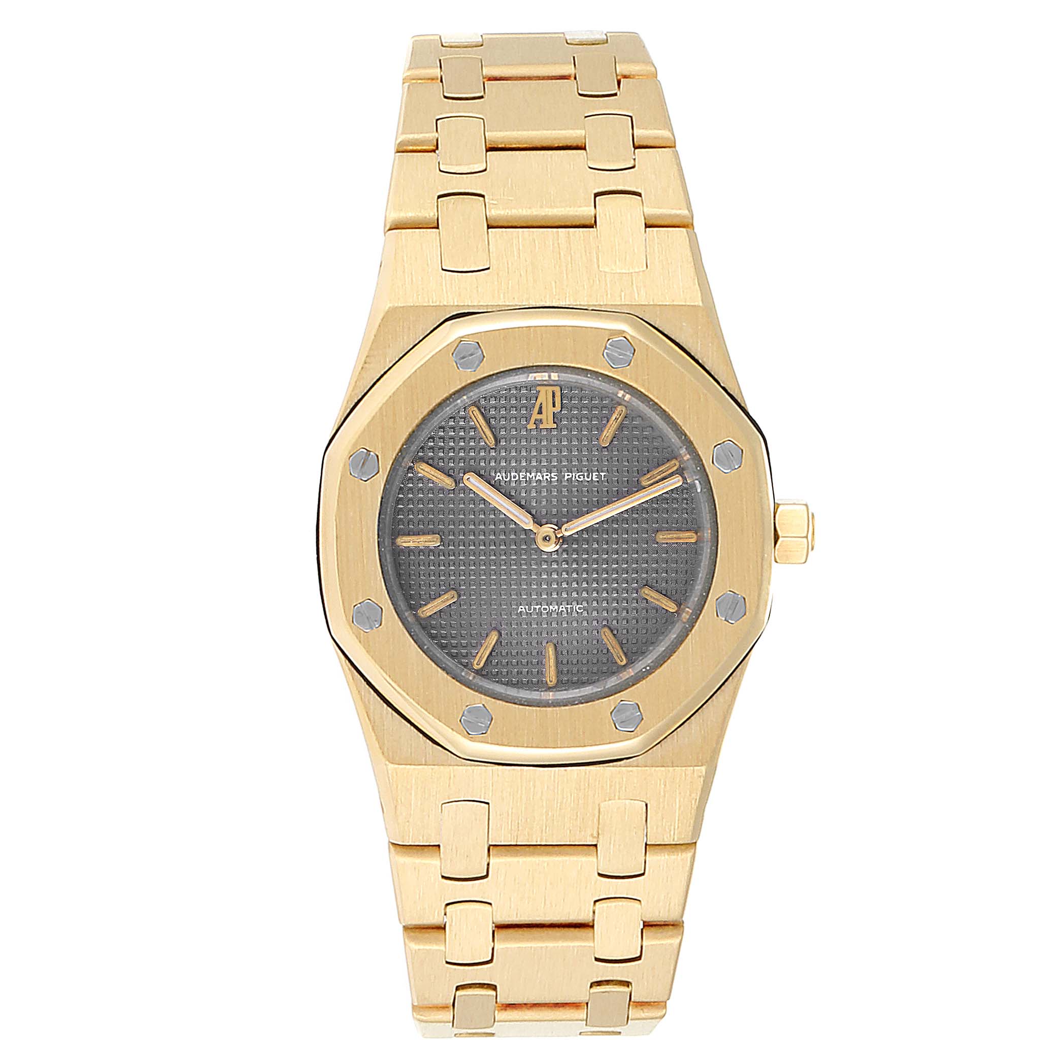 This image shows a frontal view of an Audemars Piguet Royal Oak  Women's Yellow Gold Grey Dial  Women's Yellow Gold Grey Dial watch, highlighting its octagonal bezel, bracelet, and dial.