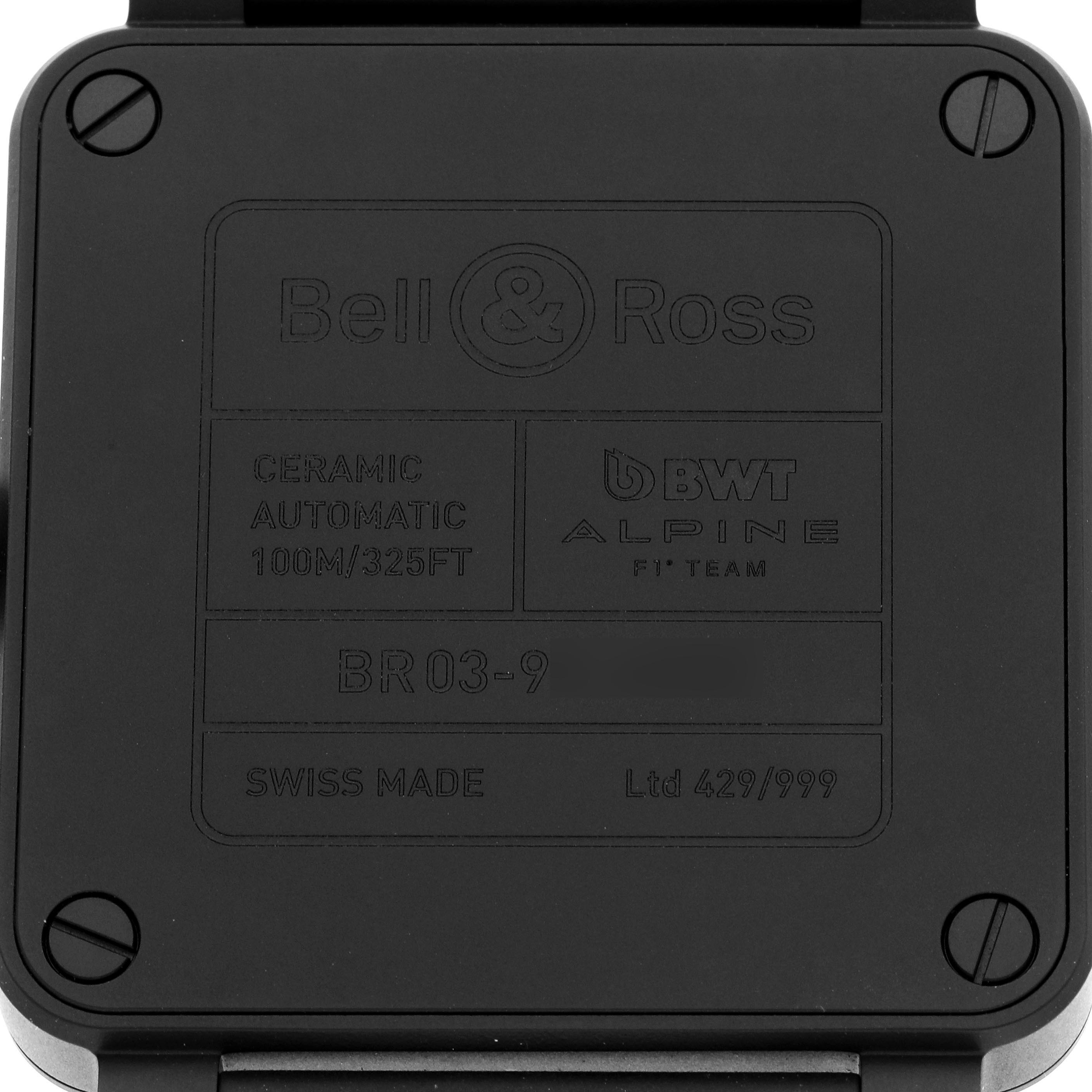 The image shows the back case of a Bell & Ross Instruments BR03-92-A522 Men's Ceramic Black Dial BR03-92-A522 Men's Ceramic Black Dial model watch, featuring engraved details.