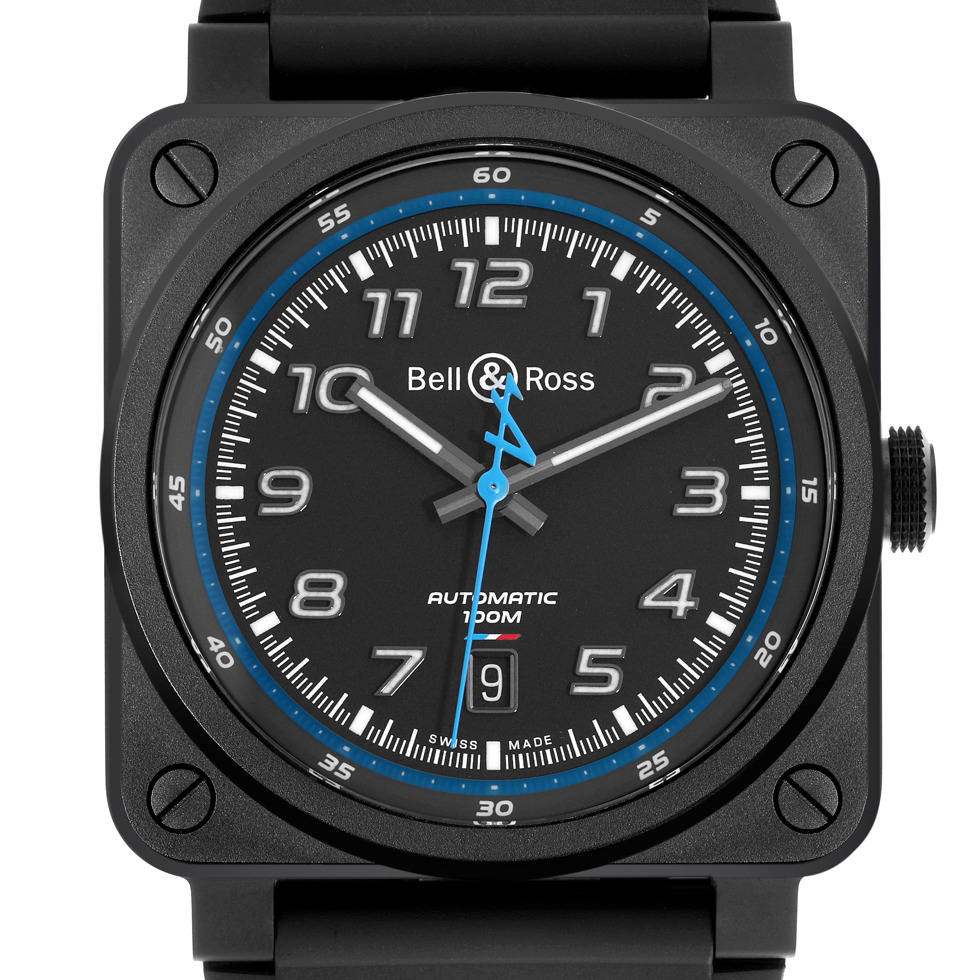 The Bell & Ross Instruments BR03-92-A522 Men's Ceramic Black Dial BR03-92-A522 Men's Ceramic Black Dial model is shown from the front, highlighting its square case, round dial, and prominent hands.