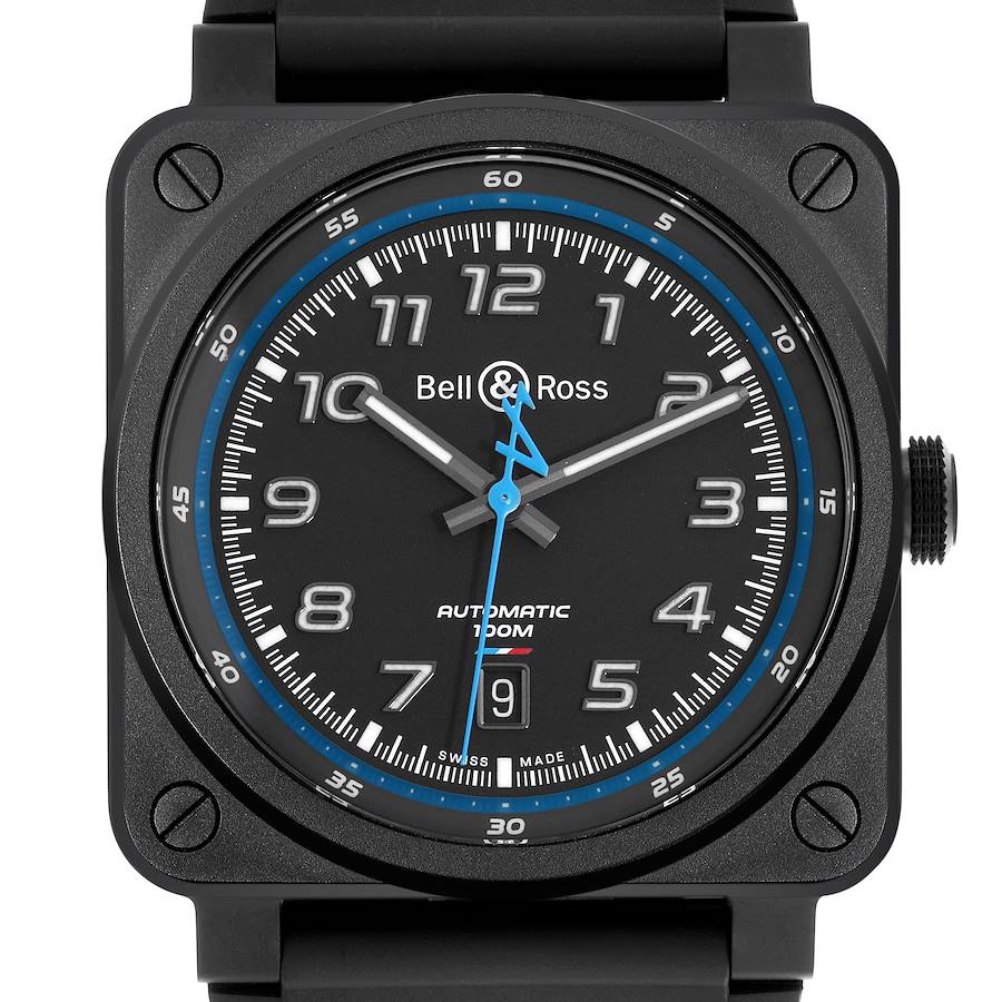 The Bell & Ross Instruments model is shown from the front, highlighting its square case, round dial, and prominent hands.