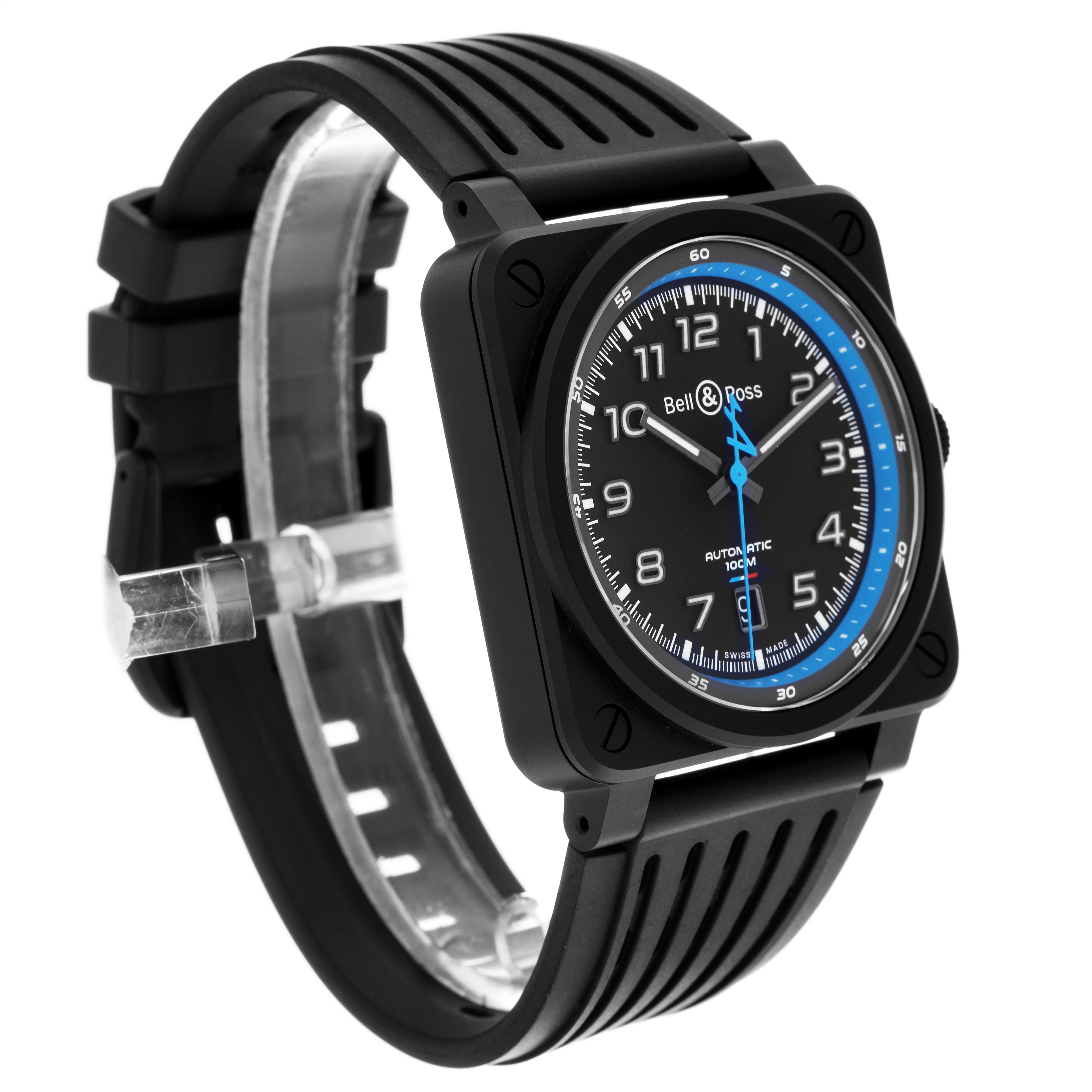 The Bell & Ross Instruments BR03-92-A522 Men's Ceramic Black Dial BR03-92-A522 Men's Ceramic Black Dial model watch is shown at a front-right angle, displaying the face, case, and strap.