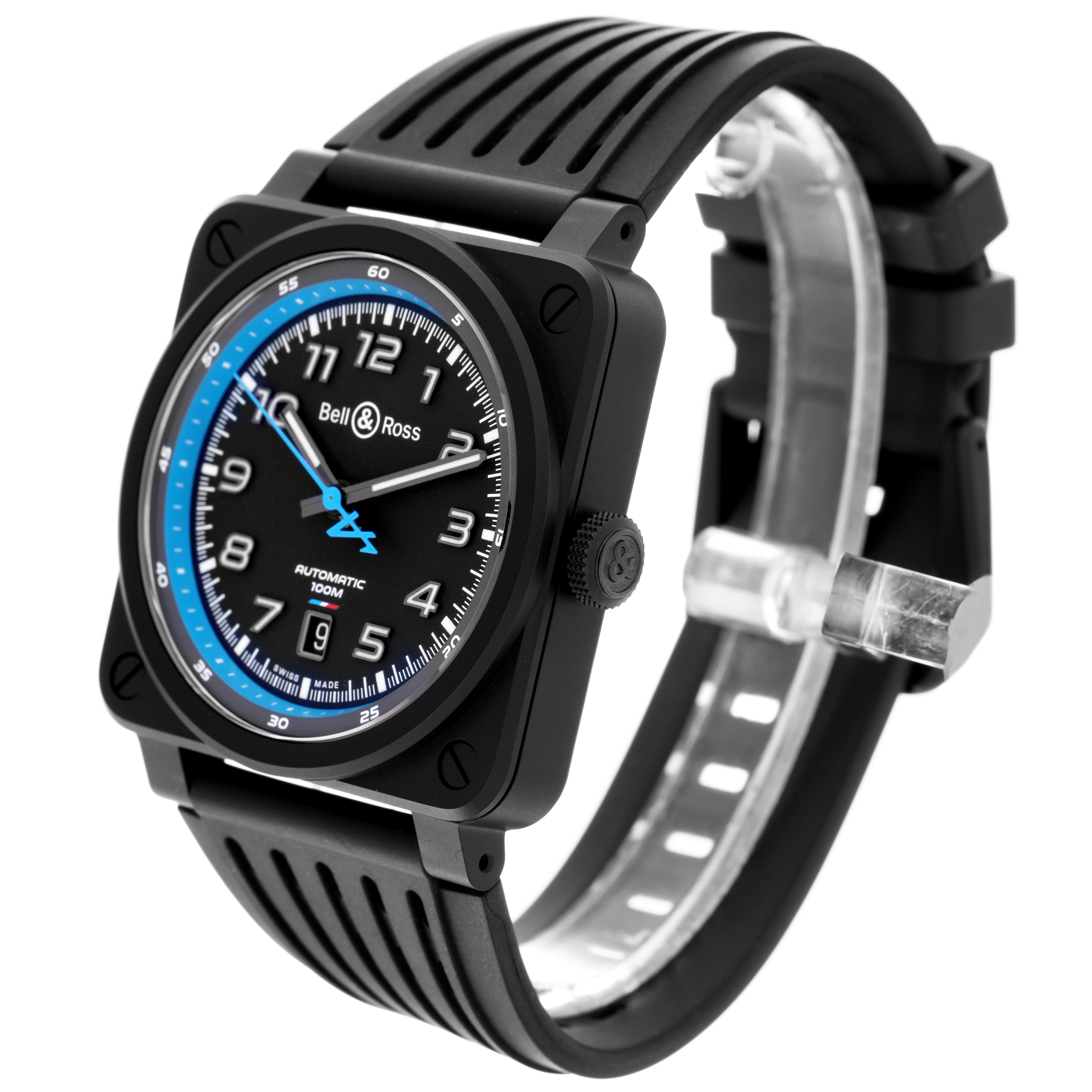 The Bell & Ross Instruments BR03-92-A522 Men's Ceramic Black Dial BR03-92-A522 Men's Ceramic Black Dial watch is shown at a three-quarter angle, displaying the face, case, and strap.