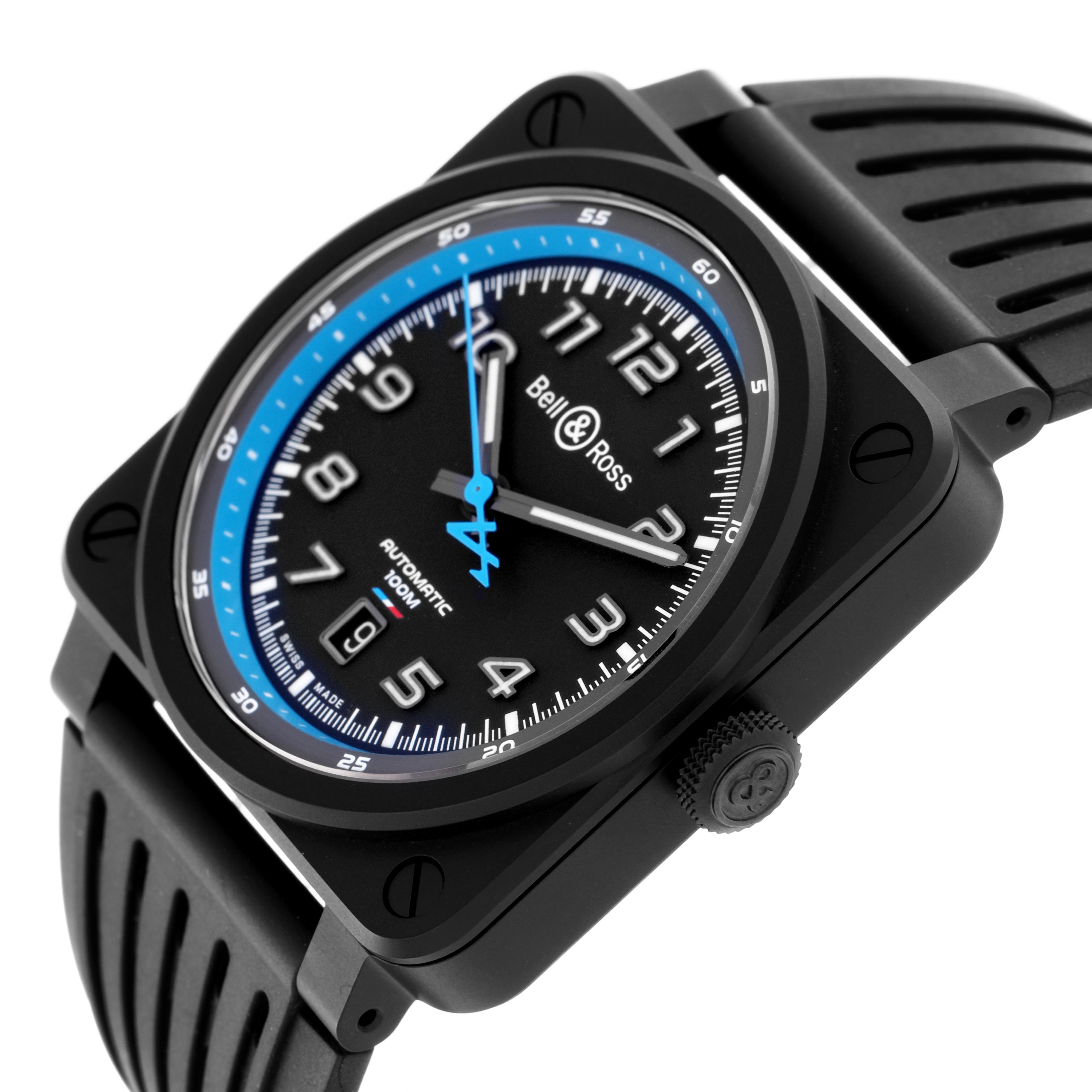 The Bell & Ross Instruments BR03-92-A522 Men's Ceramic Black Dial BR03-92-A522 Men's Ceramic Black Dial model is shown at a slight angle, highlighting the face, crown, and strap attachment.