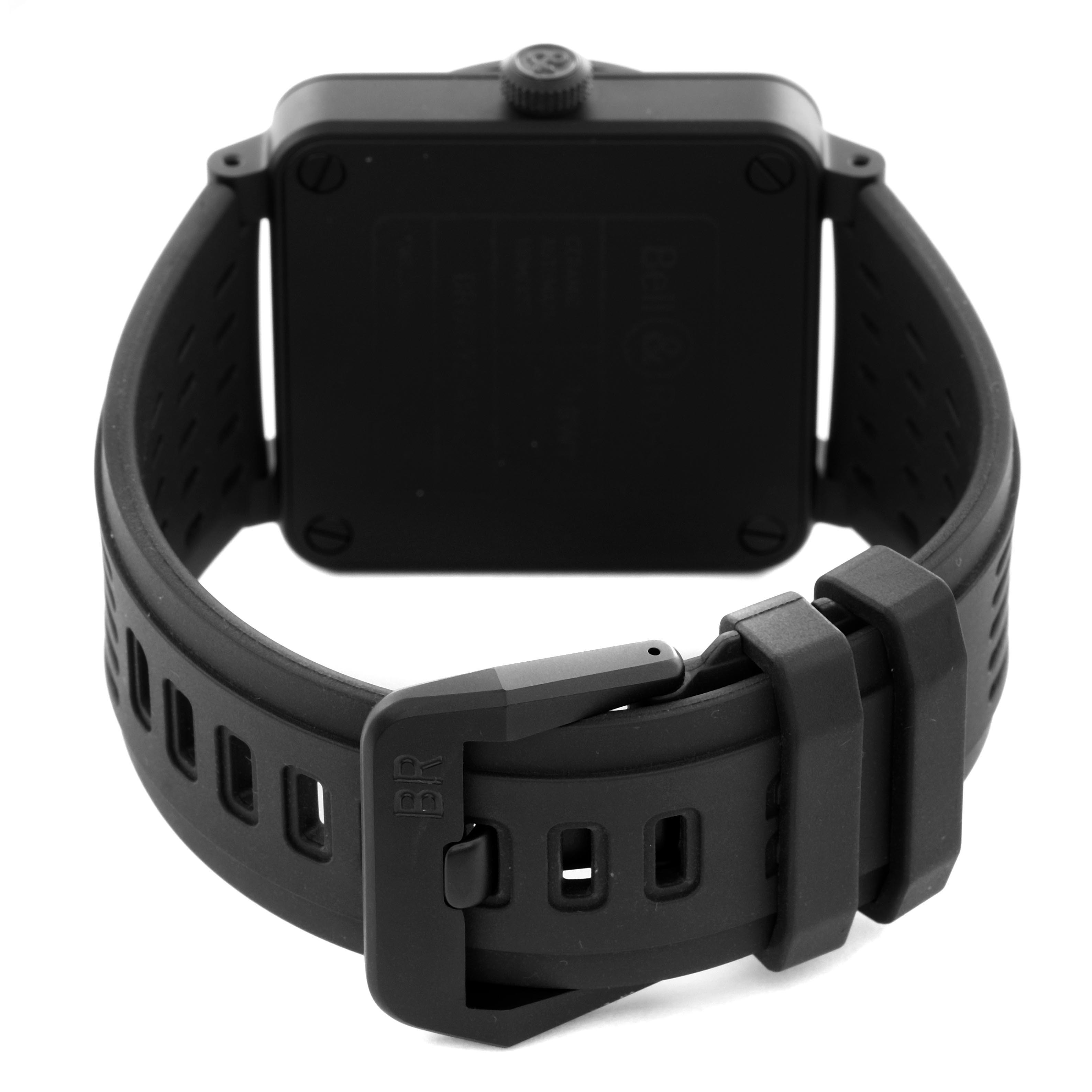 The Bell & Ross Instruments BR03-92-A522 Men's Ceramic Black Dial BR03-92-A522 Men's Ceramic Black Dial watch is shown from the back, highlighting the square case and rubber strap with the buckle.