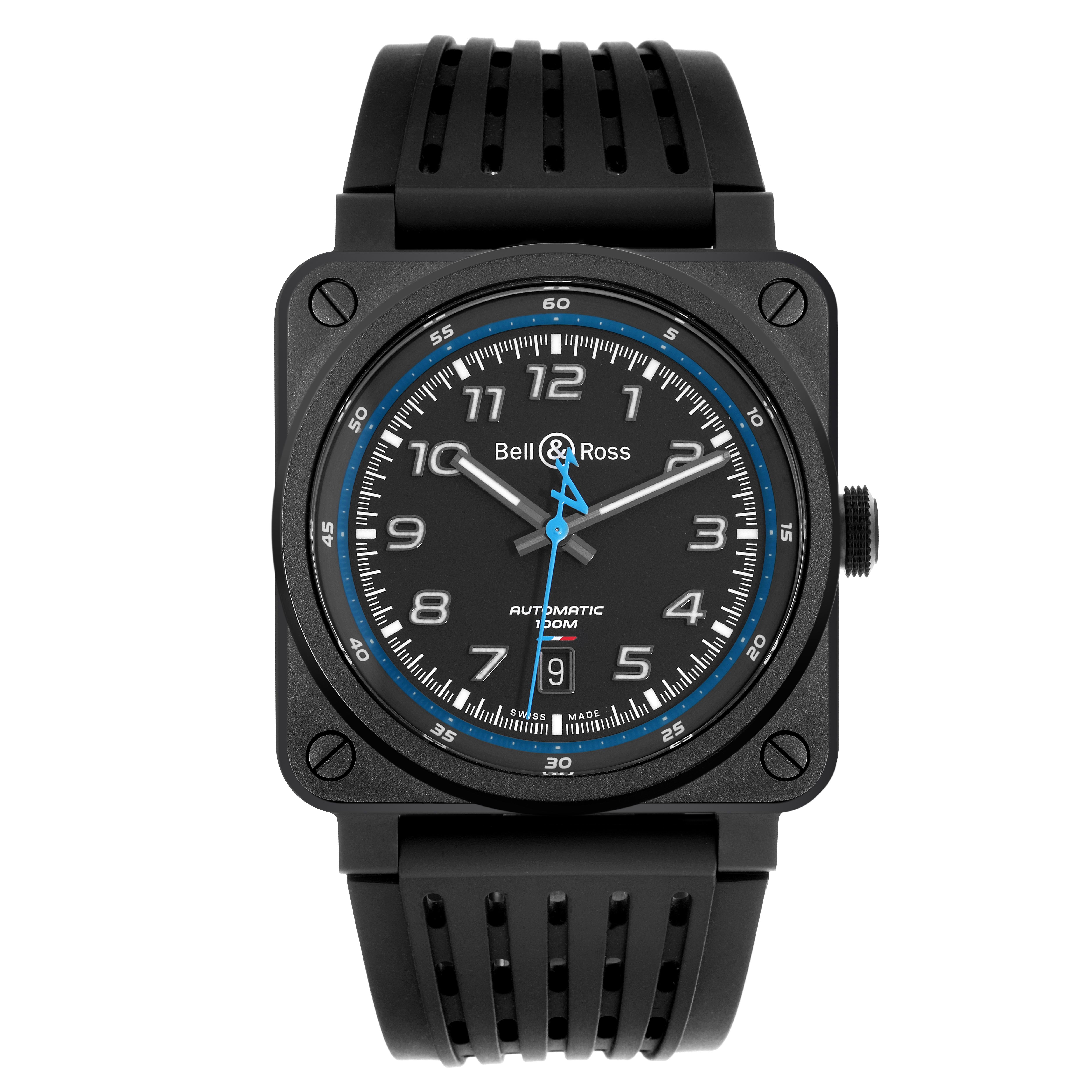 The Bell & Ross Instruments BR03-92-A522 Men's Ceramic Black Dial BR03-92-A522 Men's Ceramic Black Dial watch is shown from a top view, highlighting its square face, black strap, and blue accents.
