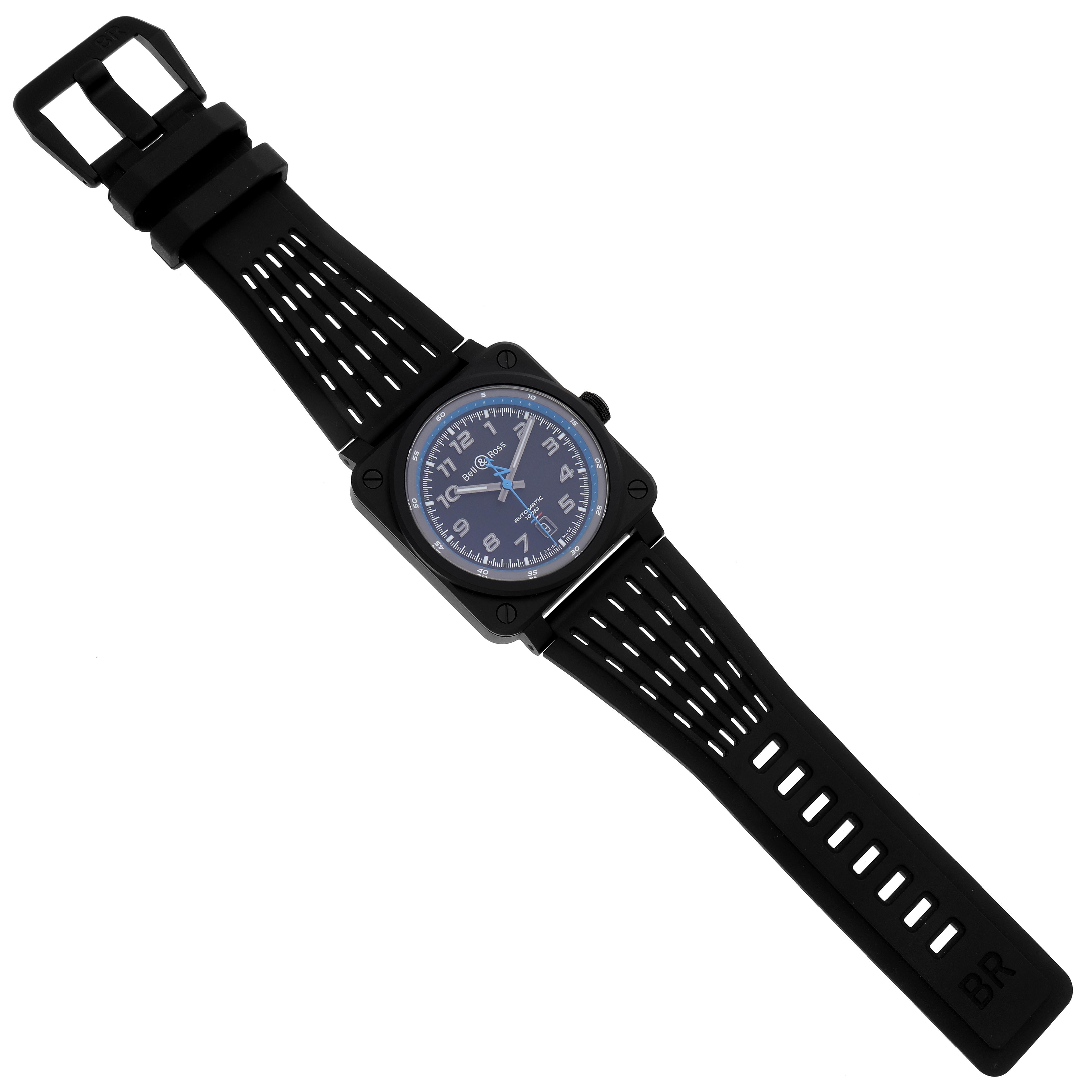 The Bell & Ross Instruments BR03-92-A522 Men's Ceramic Black Dial BR03-92-A522 Men's Ceramic Black Dial watch is shown from a top view, highlighting its square case, dial, and perforated strap.