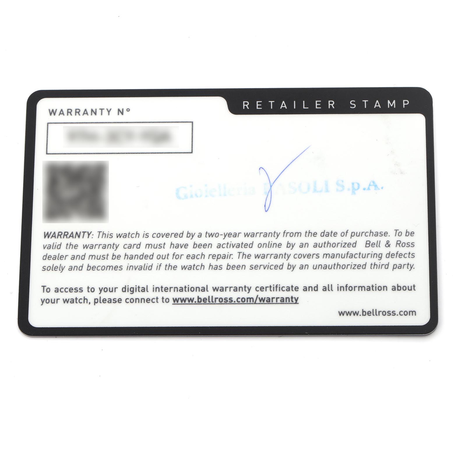 The image shows a warranty card for the Bell & Ross Instruments BR03-92-A522 Men's Ceramic Black Dial BR03-92-A522 Men's Ceramic Black Dial model.
