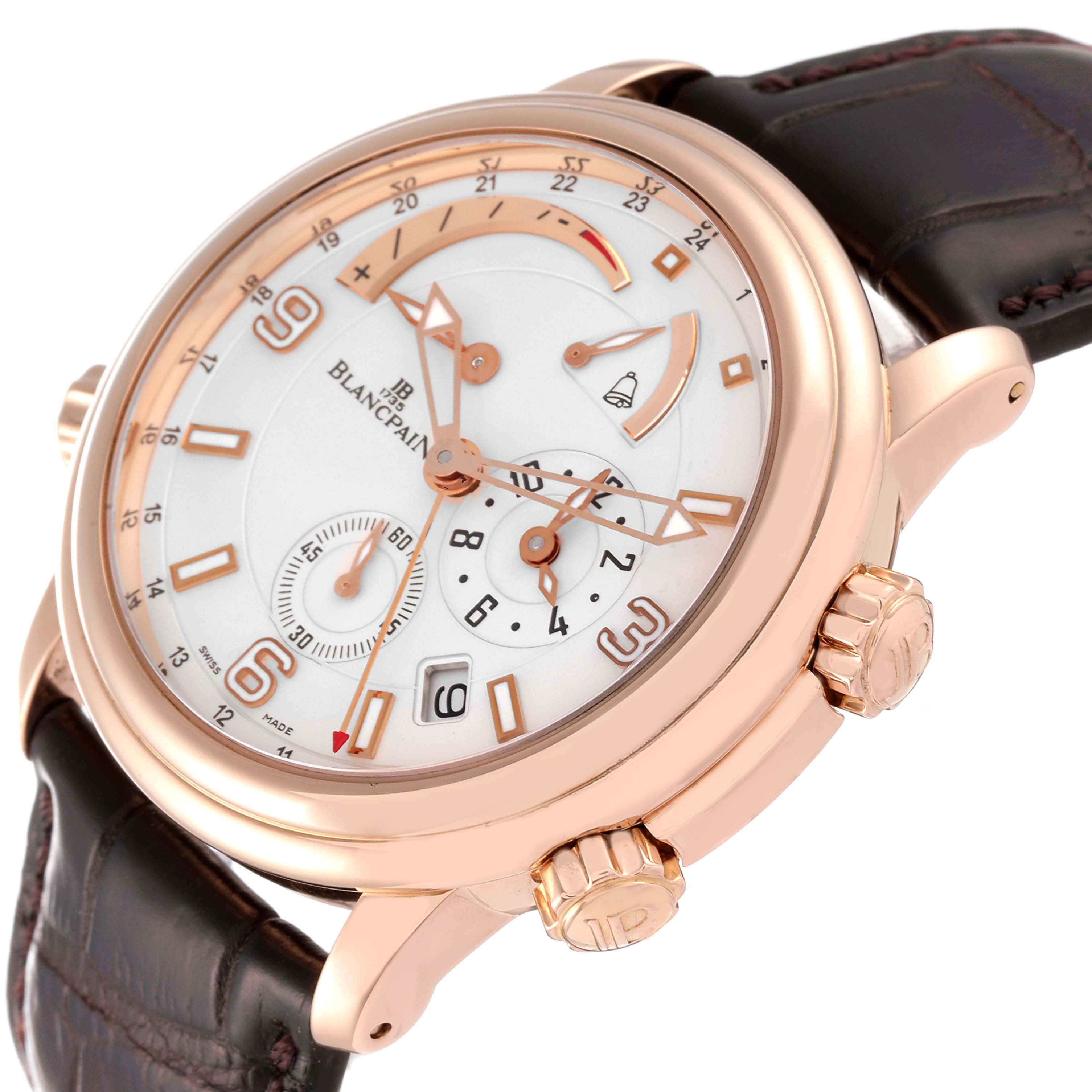 The image shows a Blancpain Metiers de Art 2841-3642-53B Men's Rose Gold Silver Dial 2841-3642-53B Men's Rose Gold Silver Dial watch from an angled side view, highlighting the case, crown, dial, and leather strap.