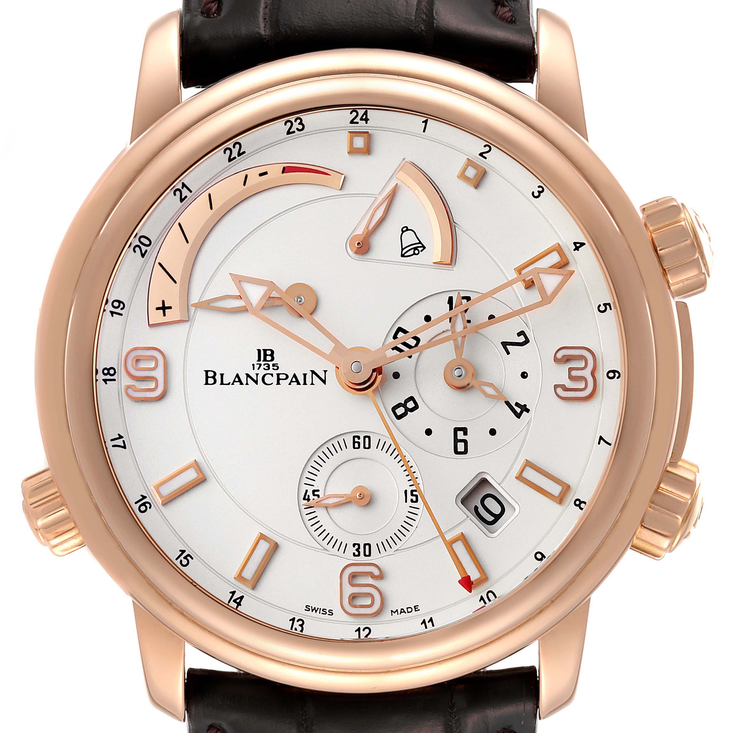 This image shows a close-up of the dial and case of the Blancpain Metiers de Art 2841-3642-53B Men's Rose Gold Silver Dial 2841-3642-53B Men's Rose Gold Silver Dial model watch, capturing its intricate details and functions.