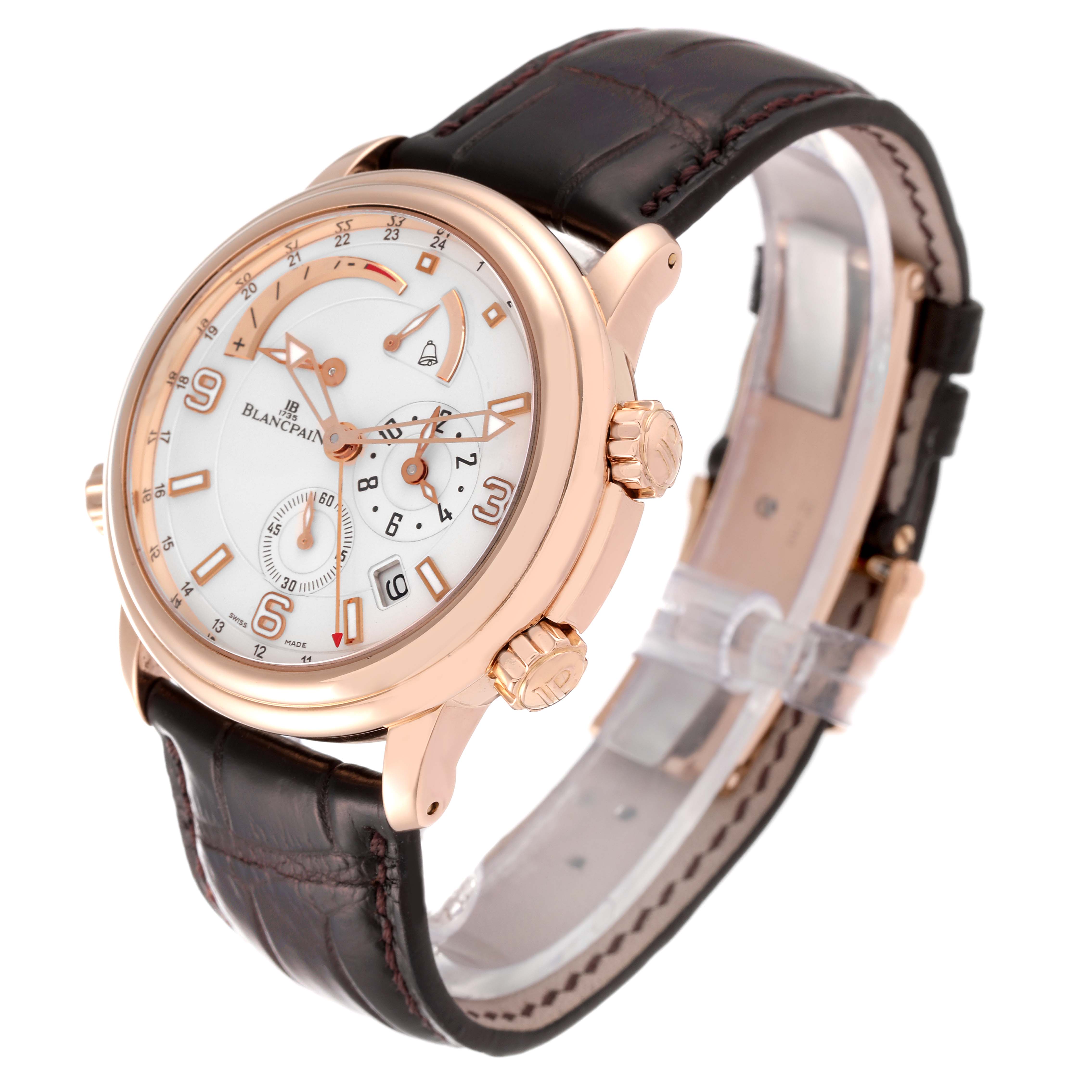 The image shows a side-angled view of a Blancpain Metiers de Art 2841-3642-53B Men's Rose Gold Silver Dial 2841-3642-53B Men's Rose Gold Silver Dial watch, highlighting the dial, crown, and leather strap.