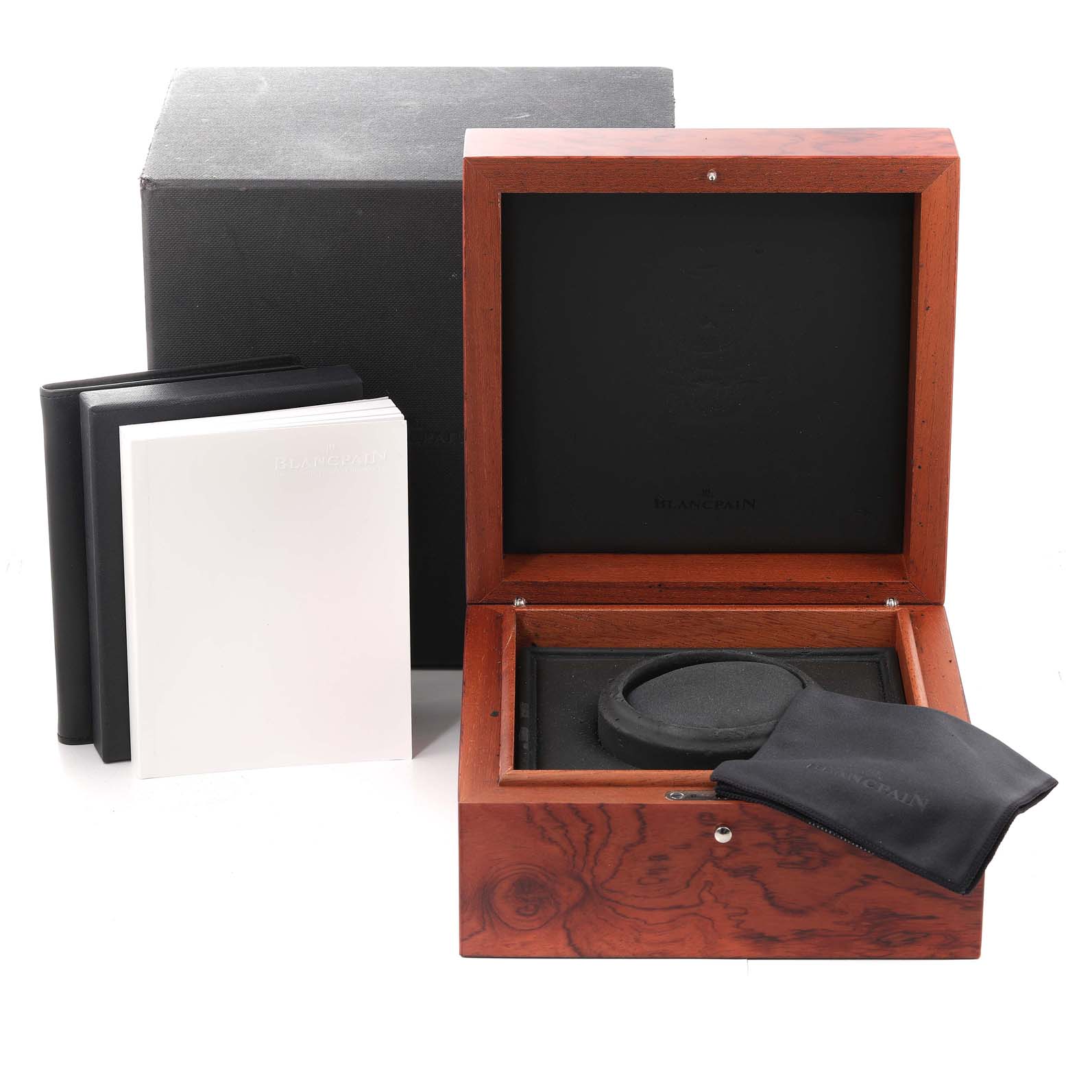 The image shows an open wooden box, booklets, and a pouch for the Blancpain Metiers de Art 2841-3642-53B Men's Rose Gold Silver Dial 2841-3642-53B Men's Rose Gold Silver Dial watch.