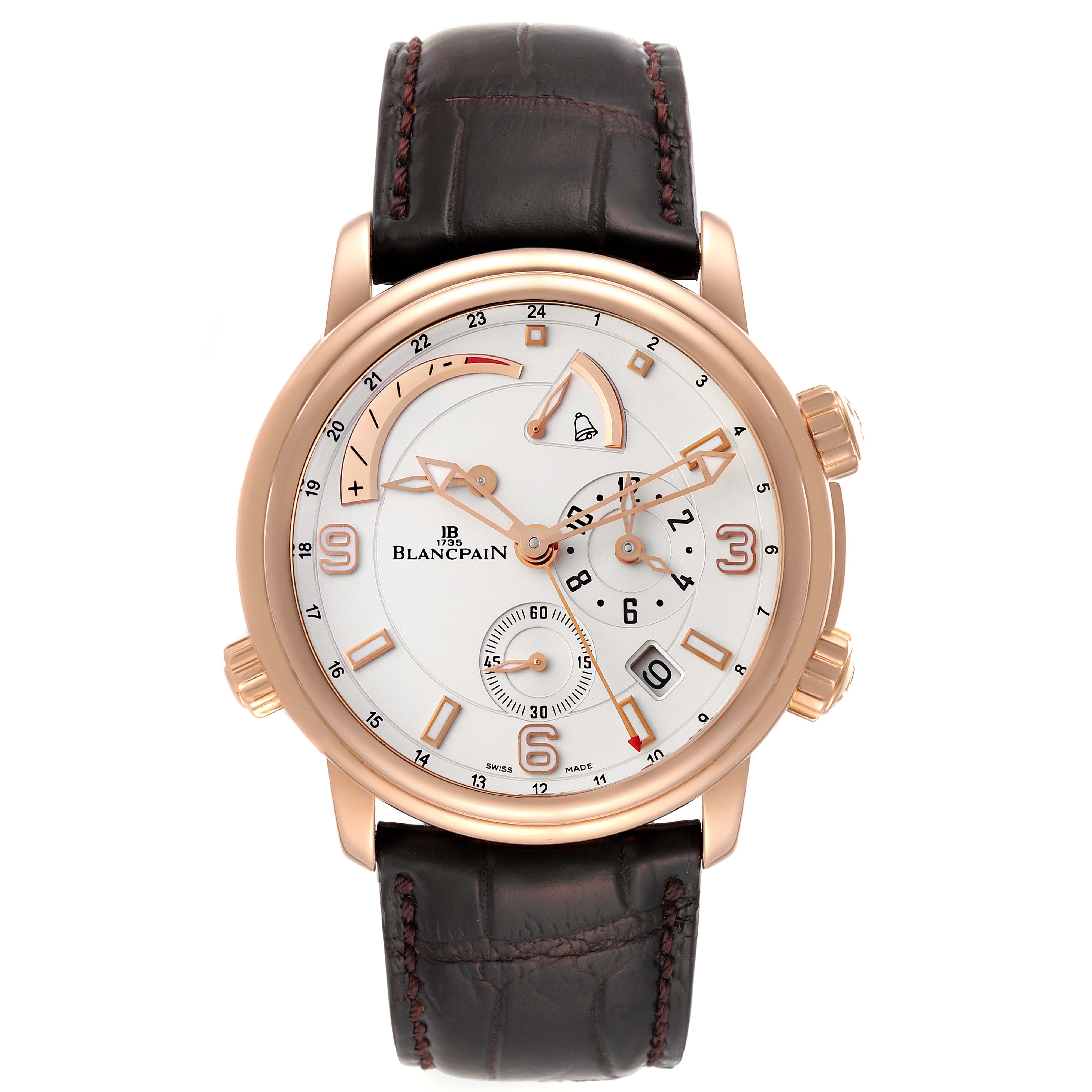 This image shows the front view of the Blancpain Metiers de Art 2841-3642-53B Men's Rose Gold Silver Dial 2841-3642-53B Men's Rose Gold Silver Dial watch, displaying its dial, hands, and leather strap.