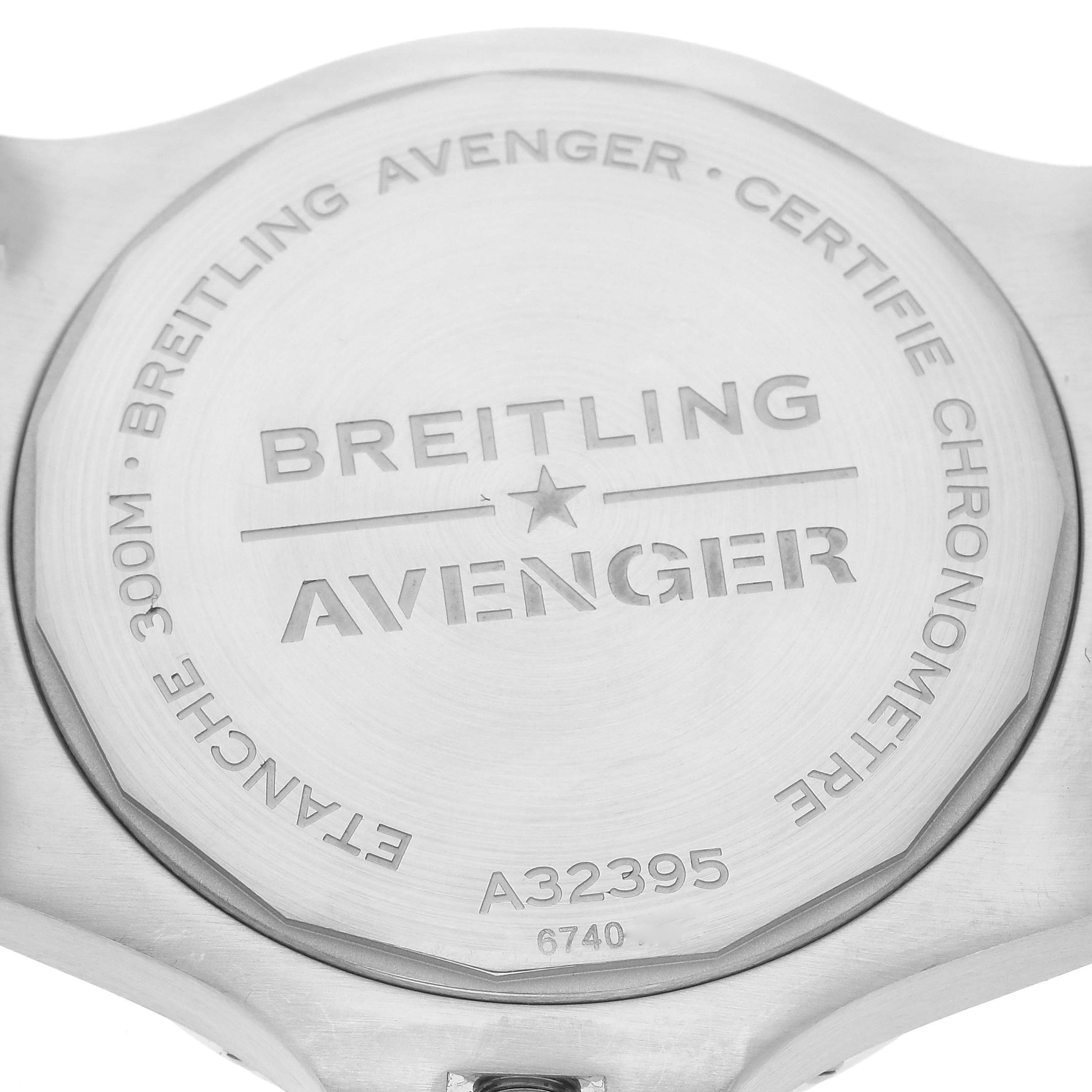 The image shows the back case of a Breitling Avenger A32395 Men's Stainless Steel Blue Dial A32395 Men's Stainless Steel Blue Dial watch, highlighting engraved details and the model number.