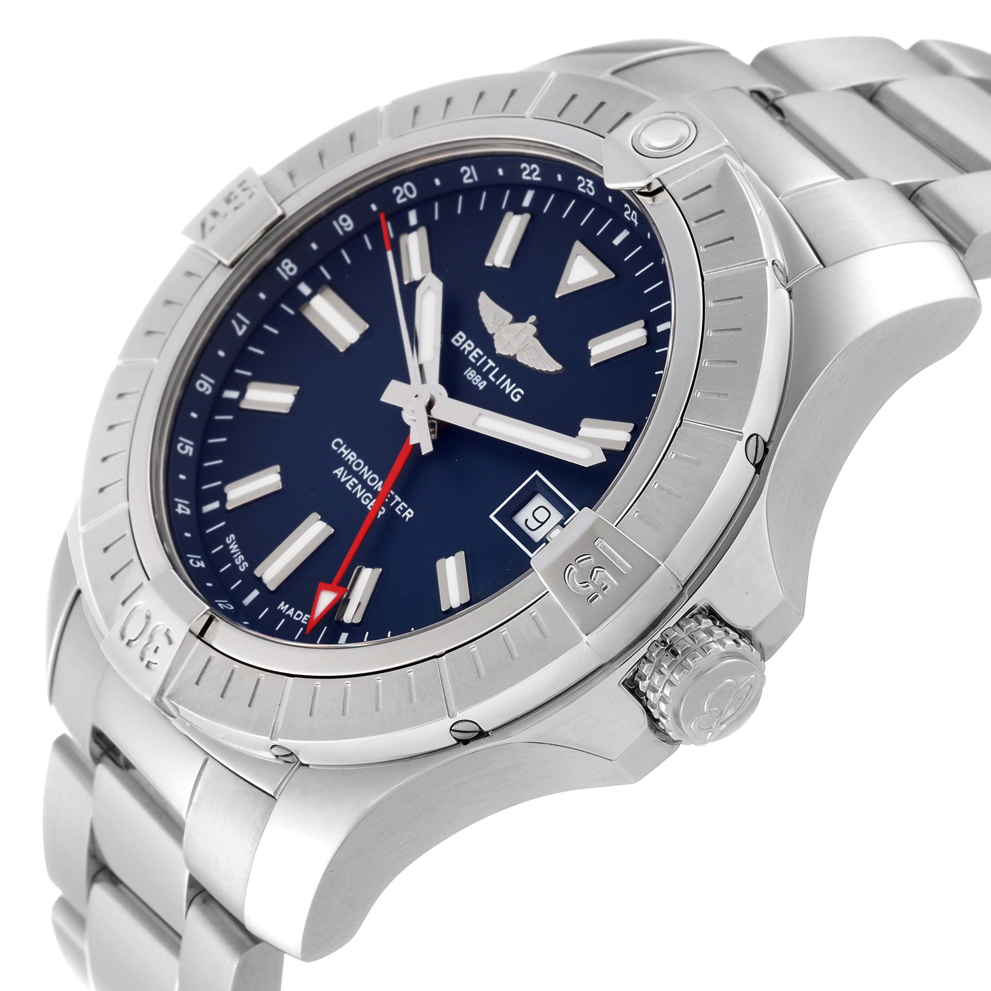 The image shows a Breitling Avenger A32395 Men's Stainless Steel Blue Dial A32395 Men's Stainless Steel Blue Dial watch at an angle showcasing its dial, bezel, and stainless steel bracelet.