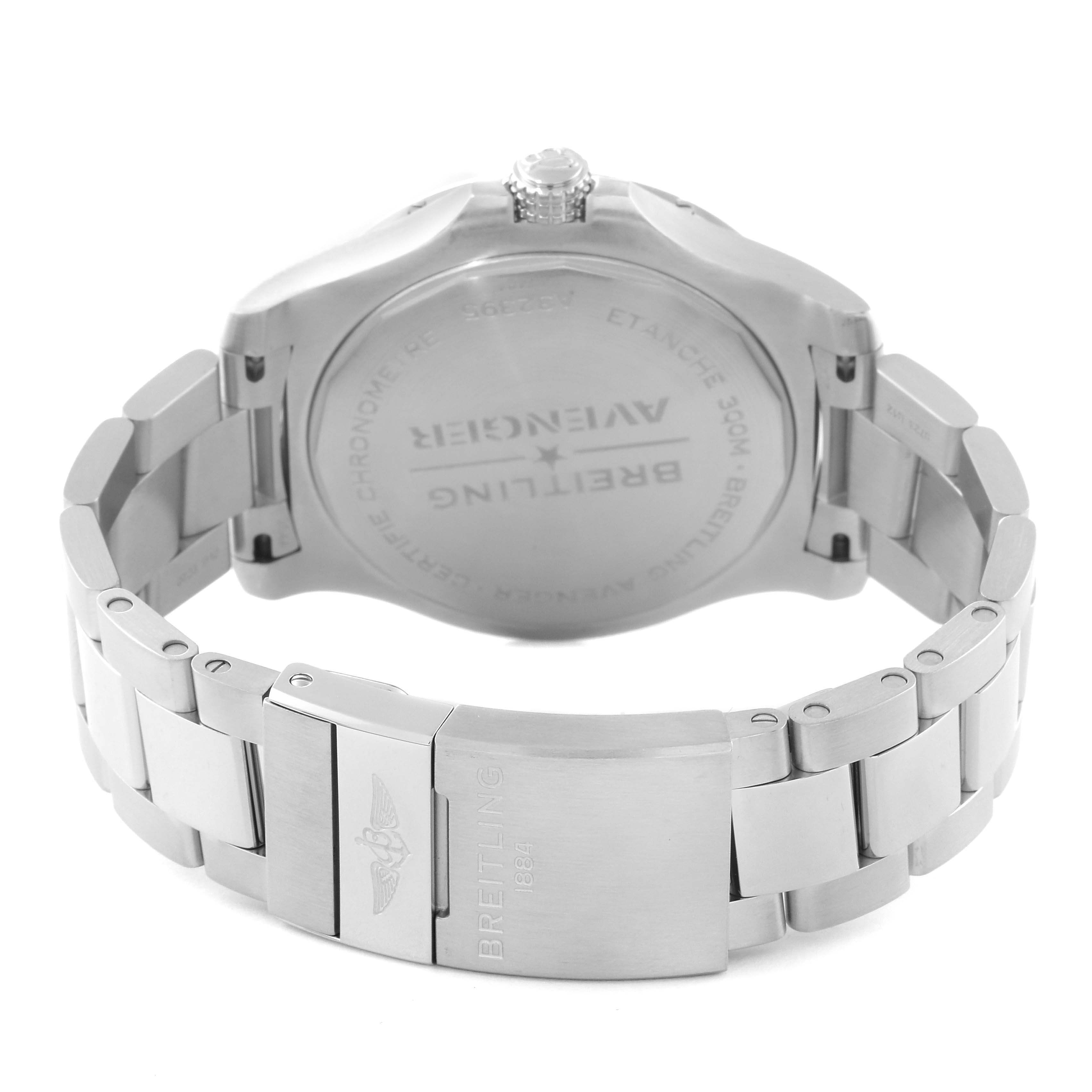 The image shows the back case and bracelet clasp of a Breitling Avenger A32395 Men's Stainless Steel Blue Dial A32395 Men's Stainless Steel Blue Dial watch from a rear angle.