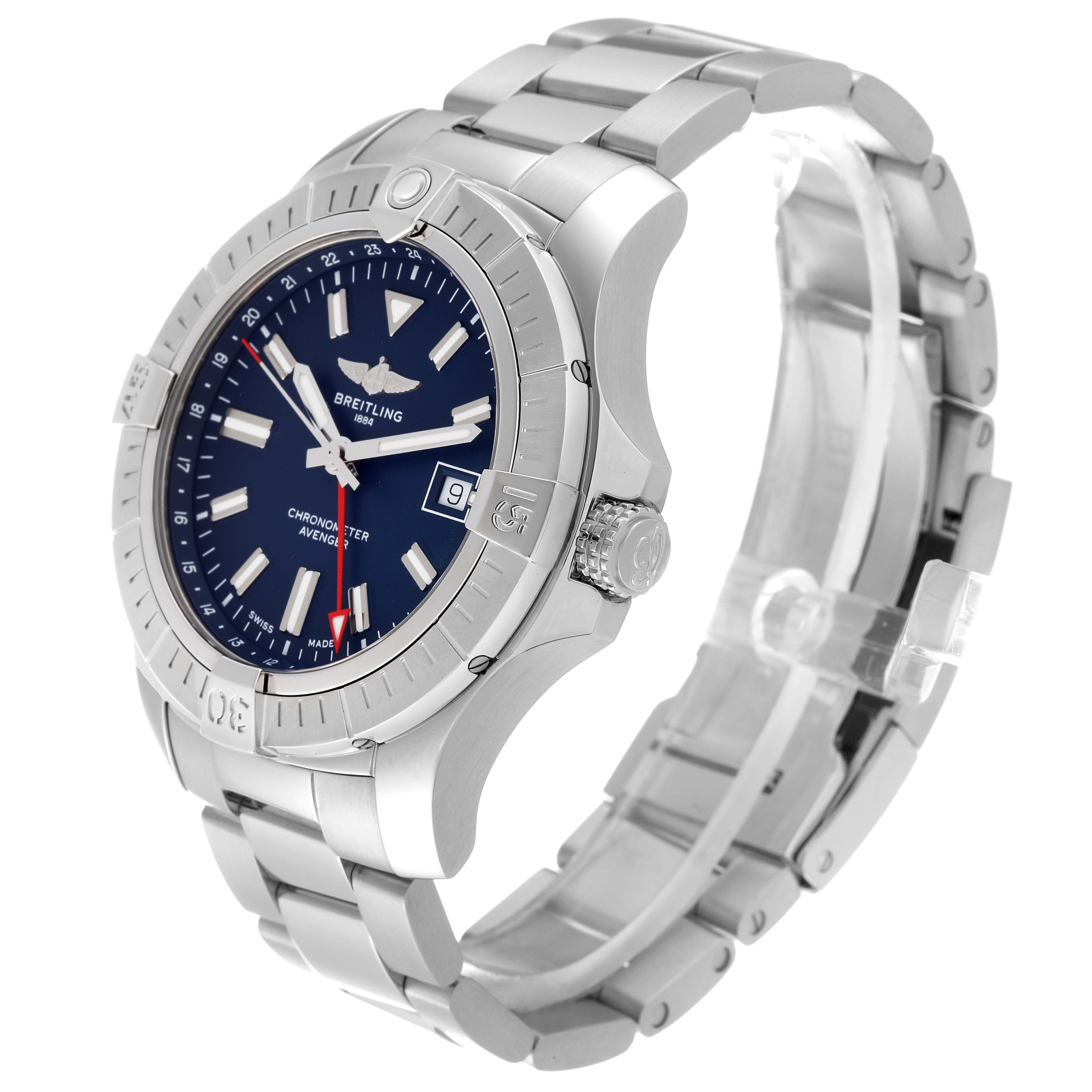 The image shows a side and front angle of the Breitling Avenger A32395 Men's Stainless Steel Blue Dial A32395 Men's Stainless Steel Blue Dial watch, highlighting its bezel, dial, bracelet, and crown.