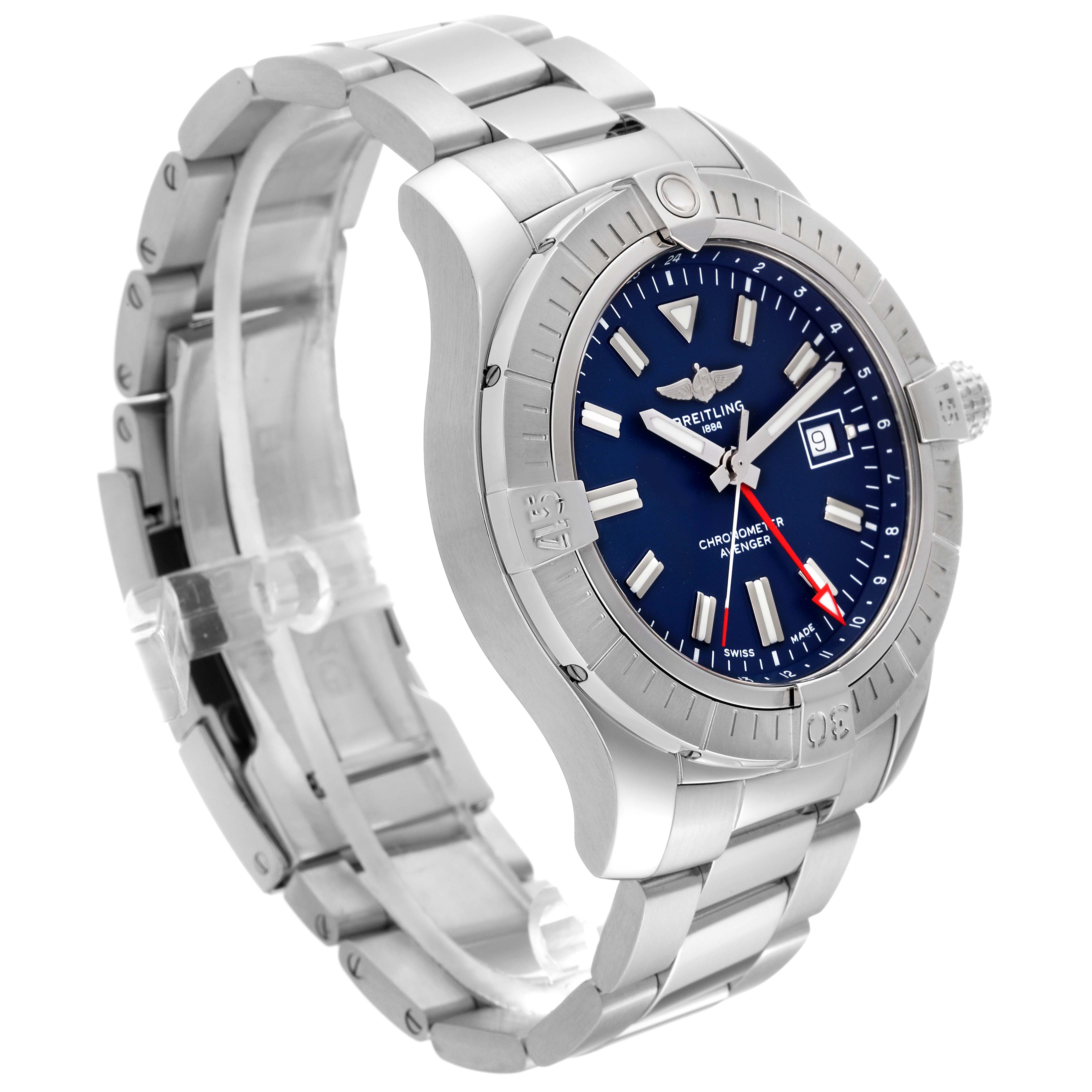 The image shows a Breitling Avenger A32395 Men's Stainless Steel Blue Dial A32395 Men's Stainless Steel Blue Dial watch from a front-side angle, highlighting the blue dial, bezel, and metal bracelet.