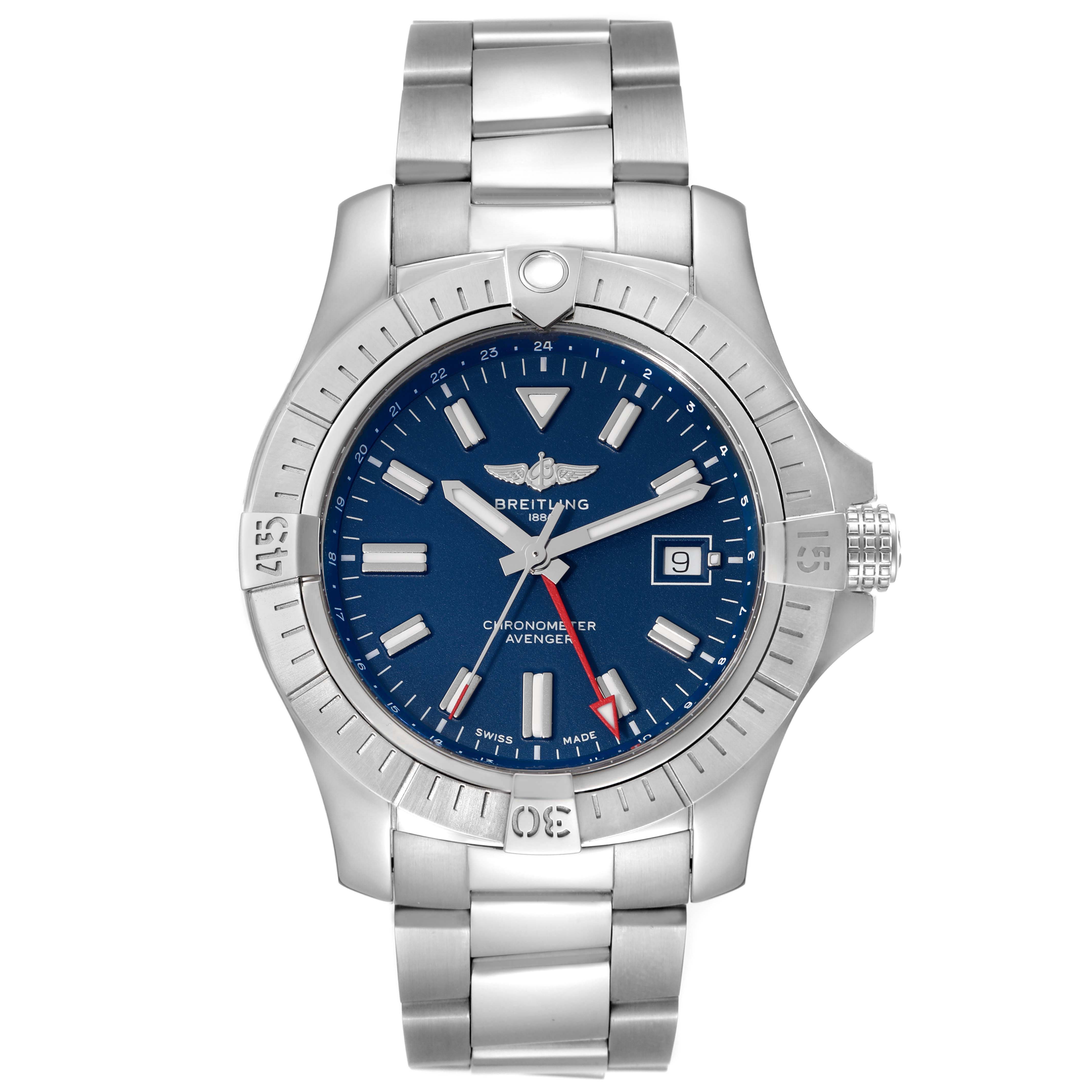 The image shows a front view of a Breitling Avenger A32395 Men's Stainless Steel Blue Dial A32395 Men's Stainless Steel Blue Dial model watch, featuring a blue dial, steel bezel, and metal bracelet.