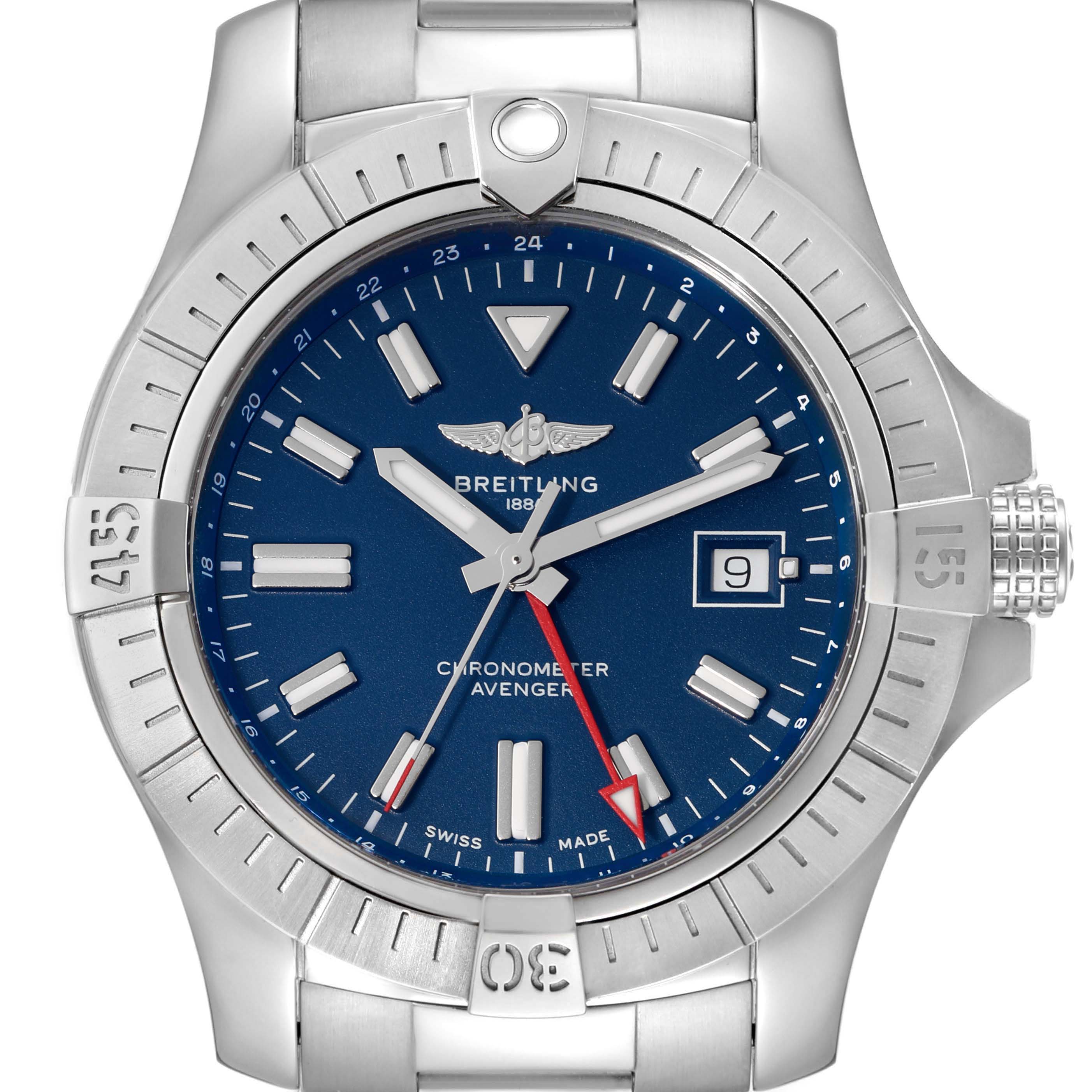 The image shows a front view of the Breitling Avenger A32395 Men's Stainless Steel Blue Dial A32395 Men's Stainless Steel Blue Dial watch, highlighting its blue dial, date window, and stainless steel case and bezel.