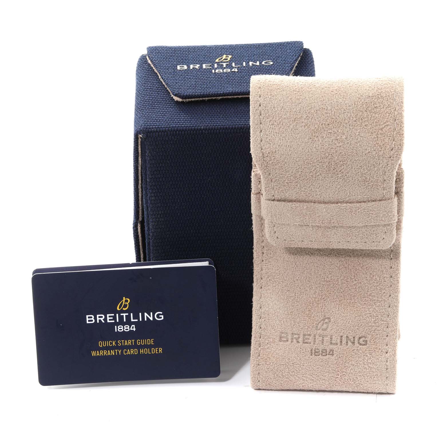 This image shows a Breitling Avenger A32395 Men's Stainless Steel Blue Dial A32395 Men's Stainless Steel Blue Dial watch case, a beige pouch, and a quick start guide with warranty card holder.