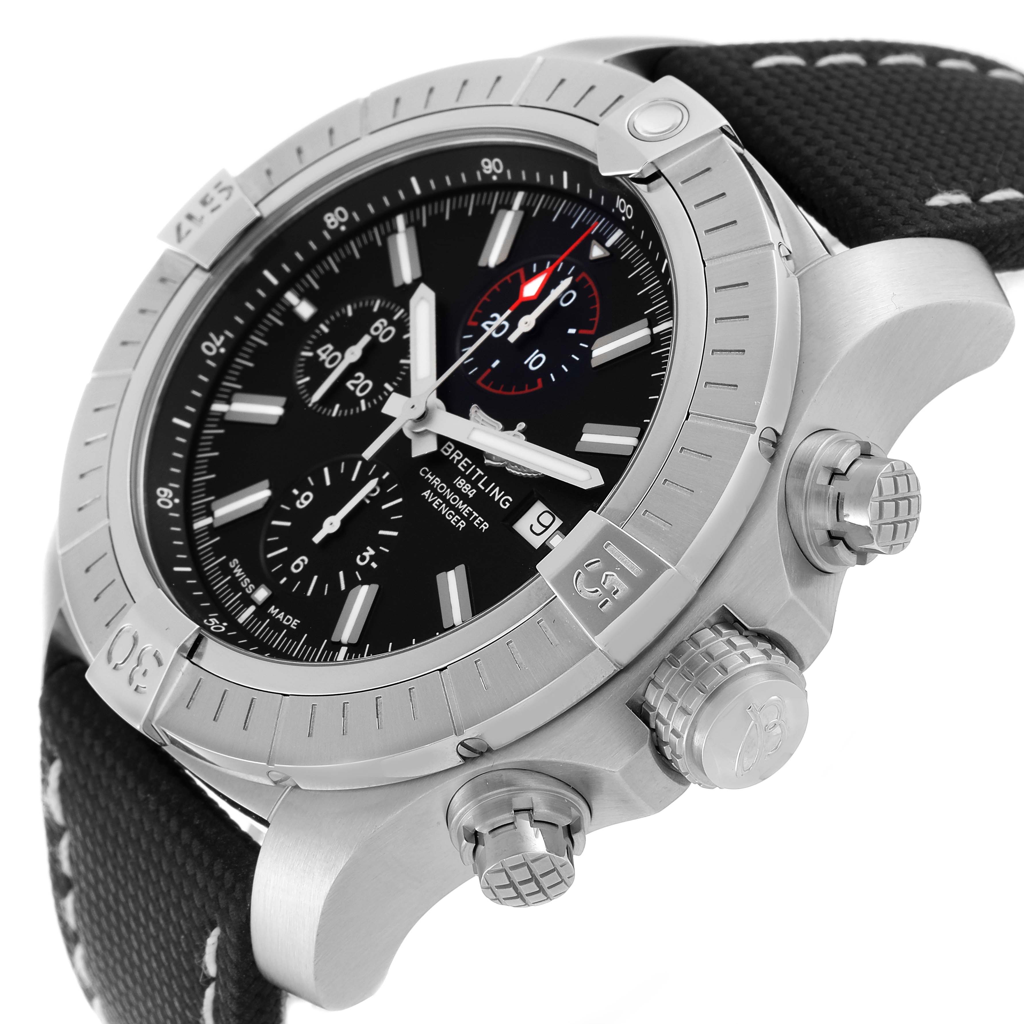 The image shows a side angle of a Breitling Avenger A13375 Men's Stainless Steel Black Dial A13375 Men's Stainless Steel Black Dial watch, highlighting the buttons, dial, and partial strap.