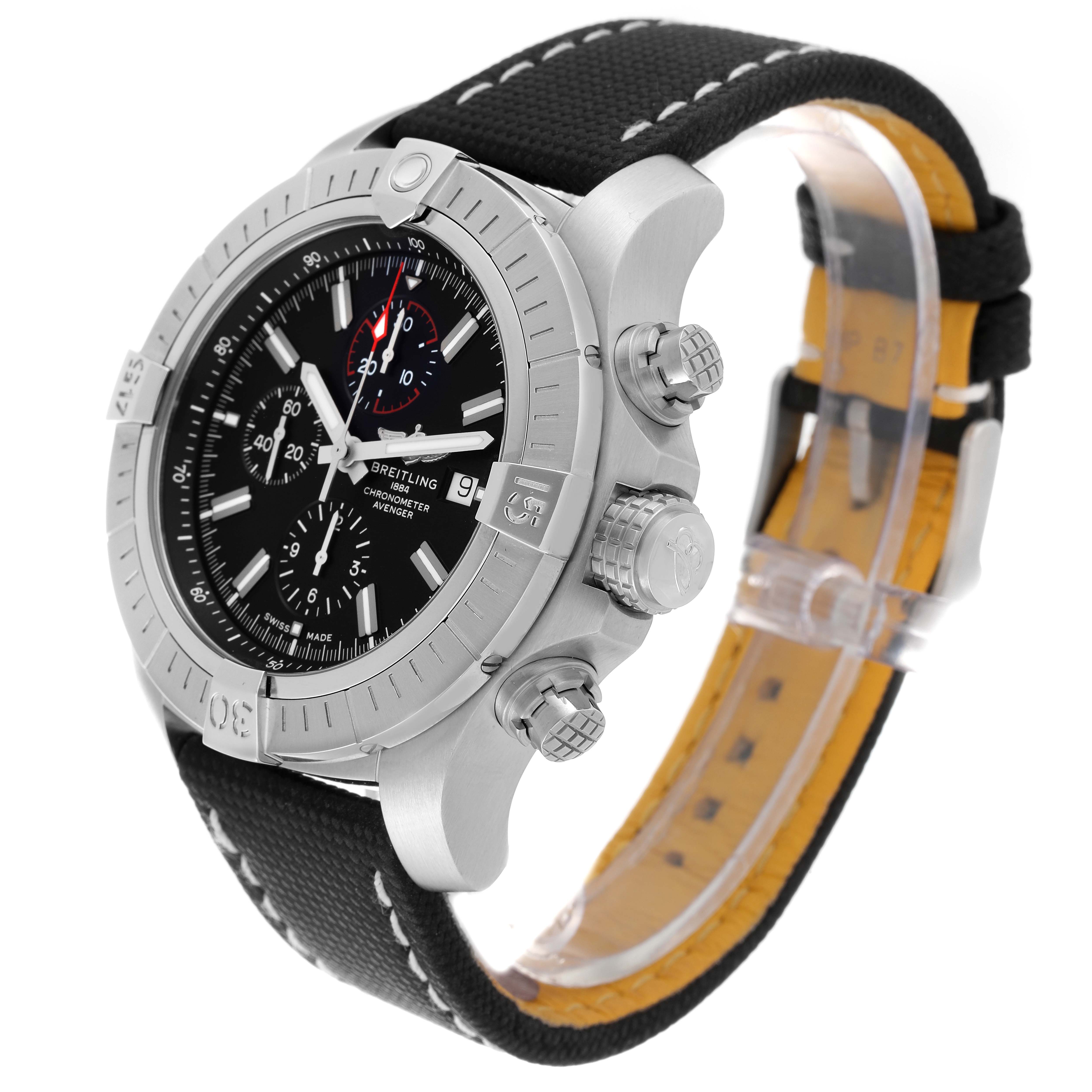 This image shows a Breitling Avenger A13375 Men's Stainless Steel Black Dial A13375 Men's Stainless Steel Black Dial watch at a three-quarter angle, highlighting the bezel, dial, chronograph sub-dials, and strap.