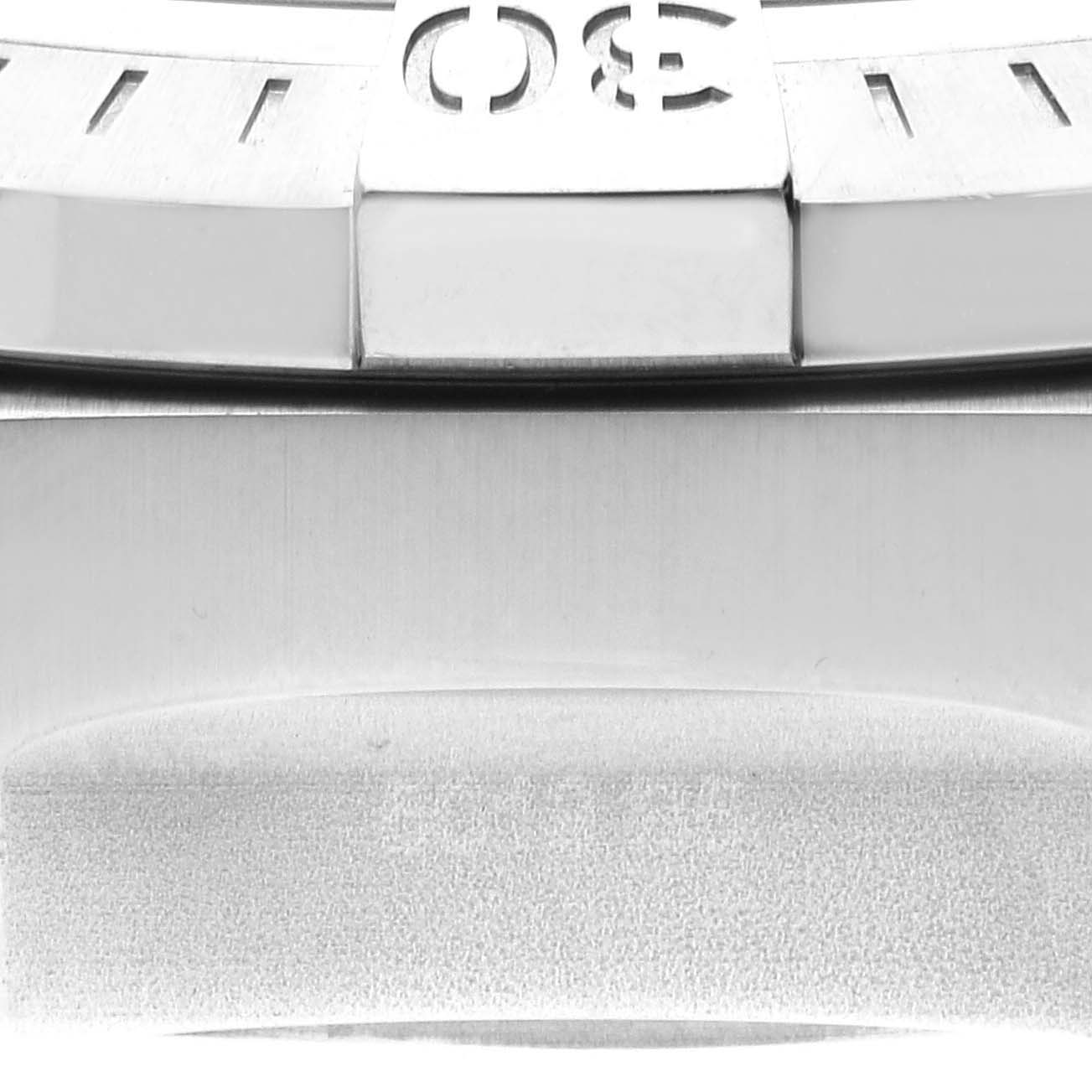 The image shows a close-up of the bezel and part of the case of a Breitling Avenger A13375 Men's Stainless Steel Black Dial A13375 Men's Stainless Steel Black Dial watch, highlighting the 30-minute marker.