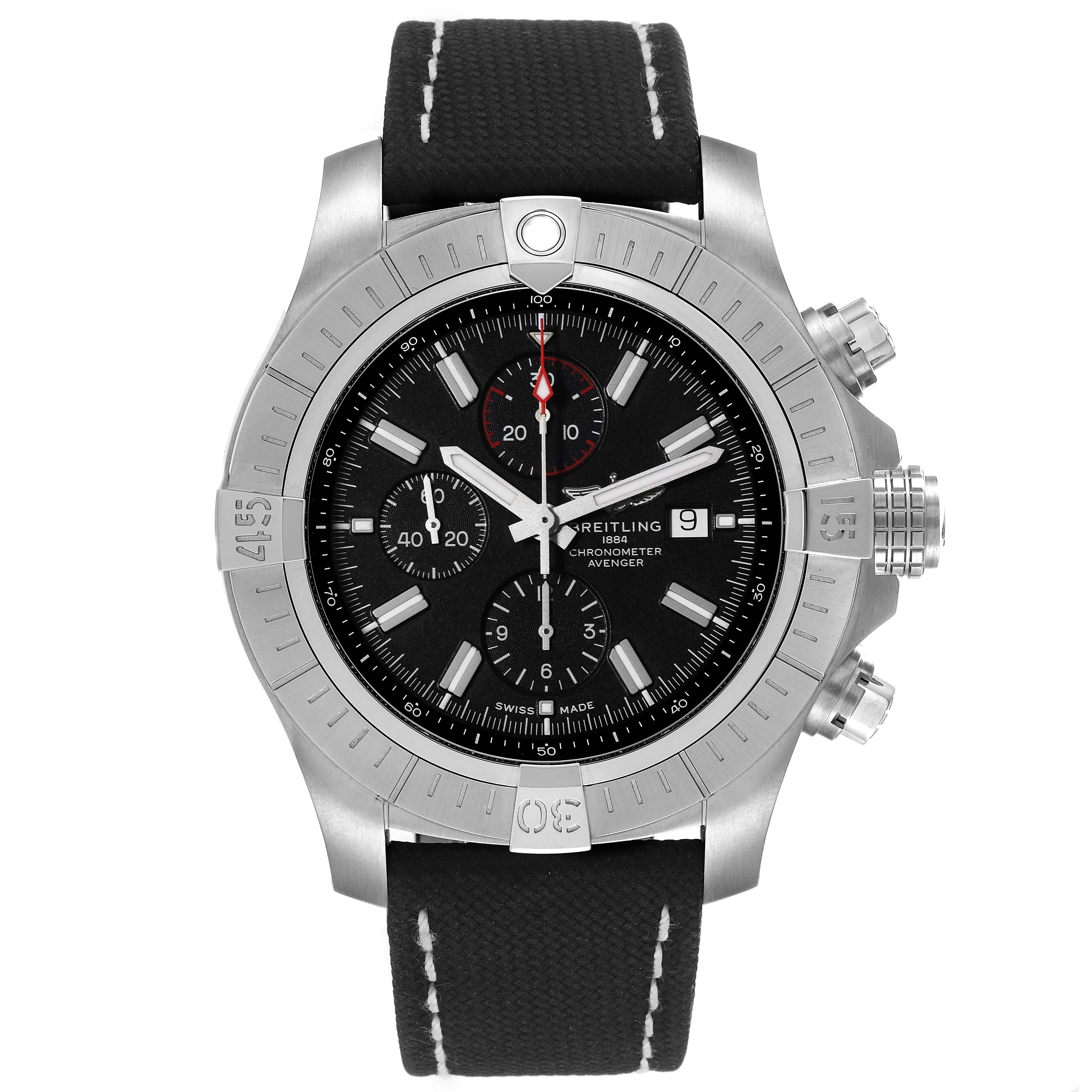 The image shows a frontal view of the Breitling Avenger A13375 Men's Stainless Steel Black Dial A13375 Men's Stainless Steel Black Dial watch, highlighting its dial, bezel, and strap.
