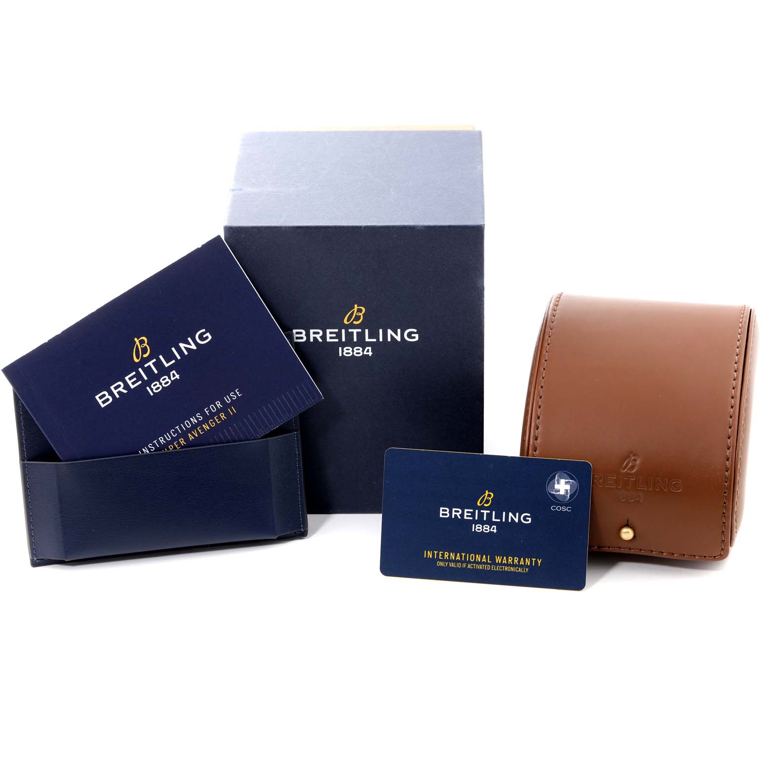 The image shows the packaging, manual, warranty card, and watch case for the Breitling Avenger A13375 Men's Stainless Steel Black Dial A13375 Men's Stainless Steel Black Dial model.