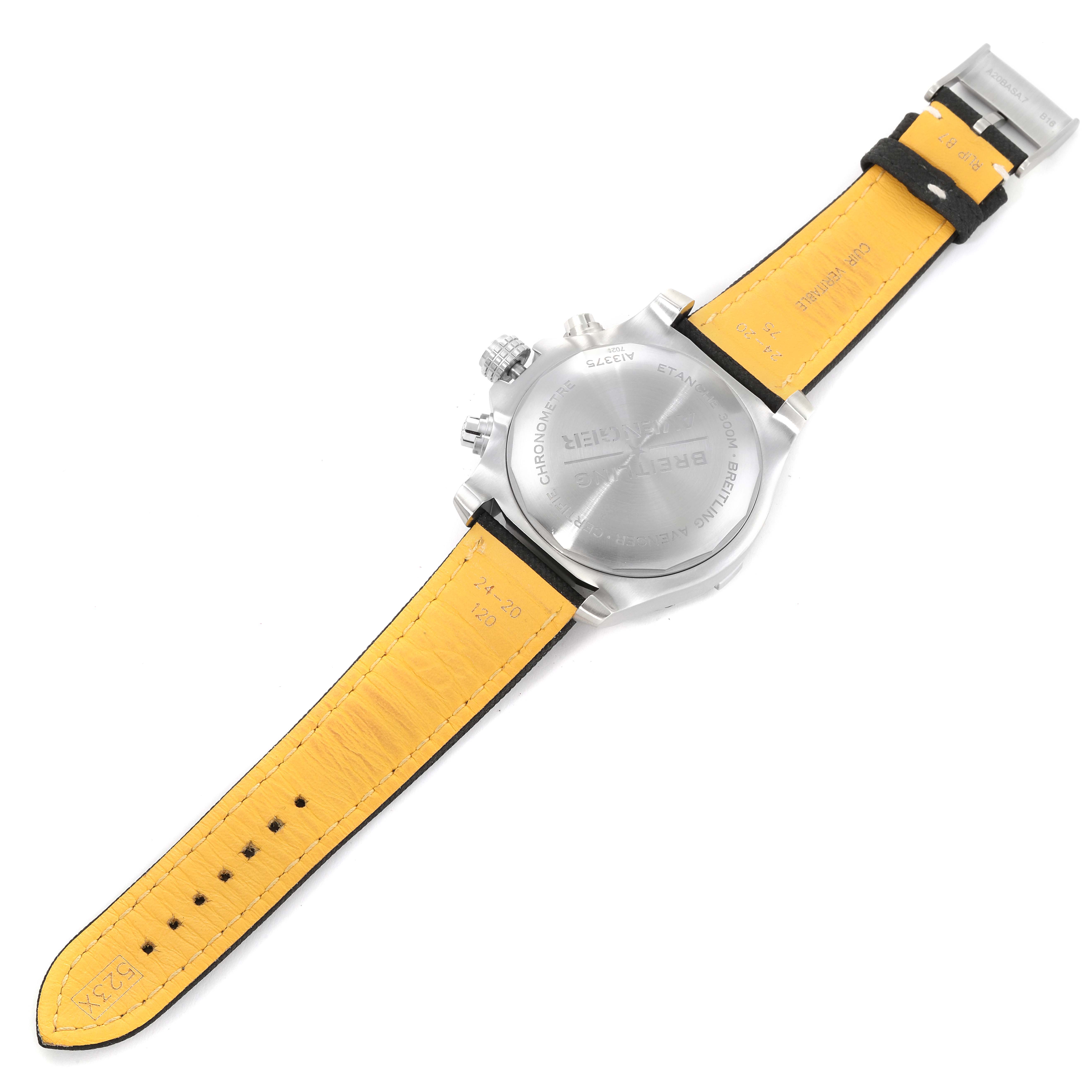 This image shows the back view of a Breitling Avenger A13375 Men's Stainless Steel Black Dial A13375 Men's Stainless Steel Black Dial watch, featuring its case back, crown, pushers, and yellow leather strap.