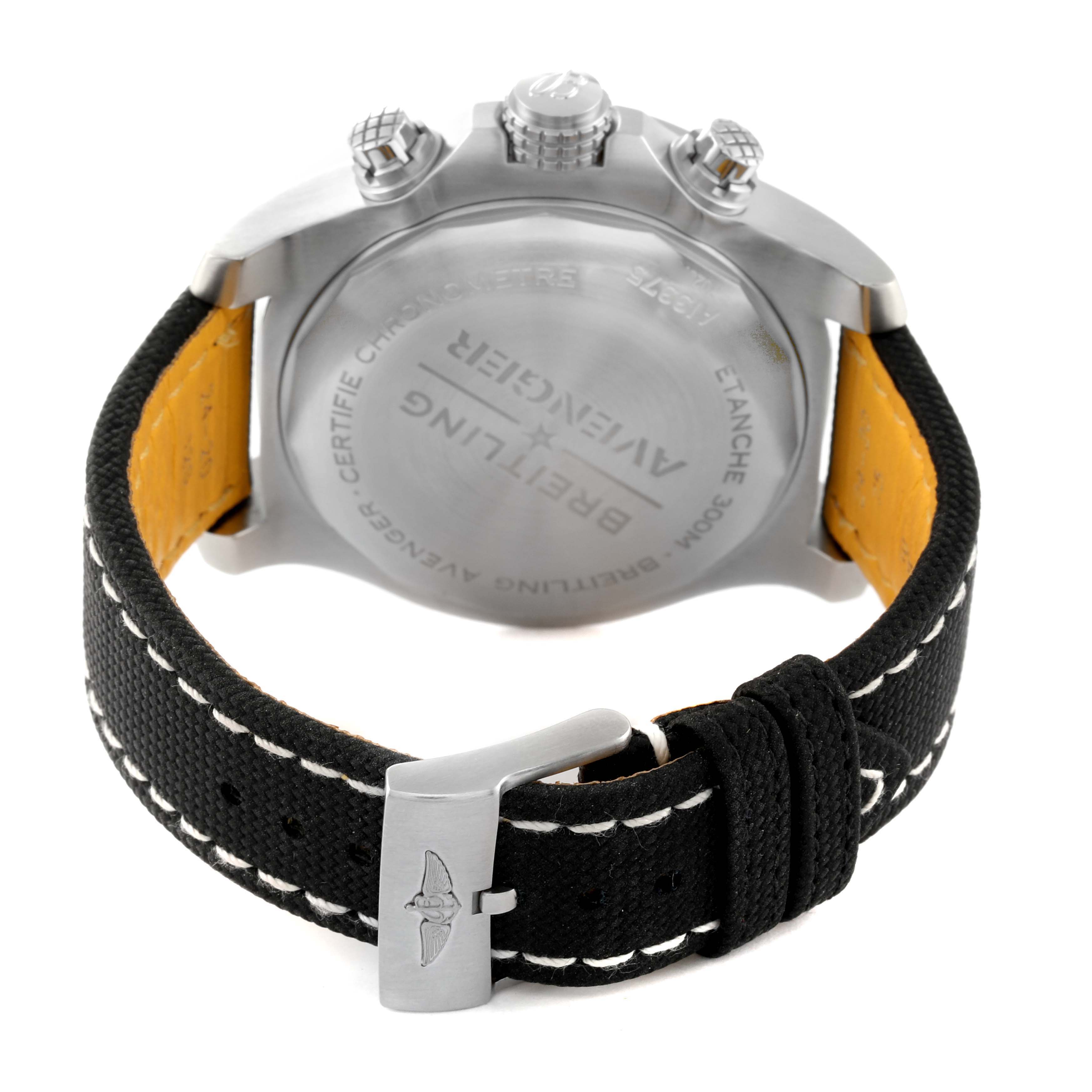 The image shows the back view of a Breitling Avenger A13375 Men's Stainless Steel Black Dial A13375 Men's Stainless Steel Black Dial watch, displaying the case back, crown, and part of the strap with a buckle.