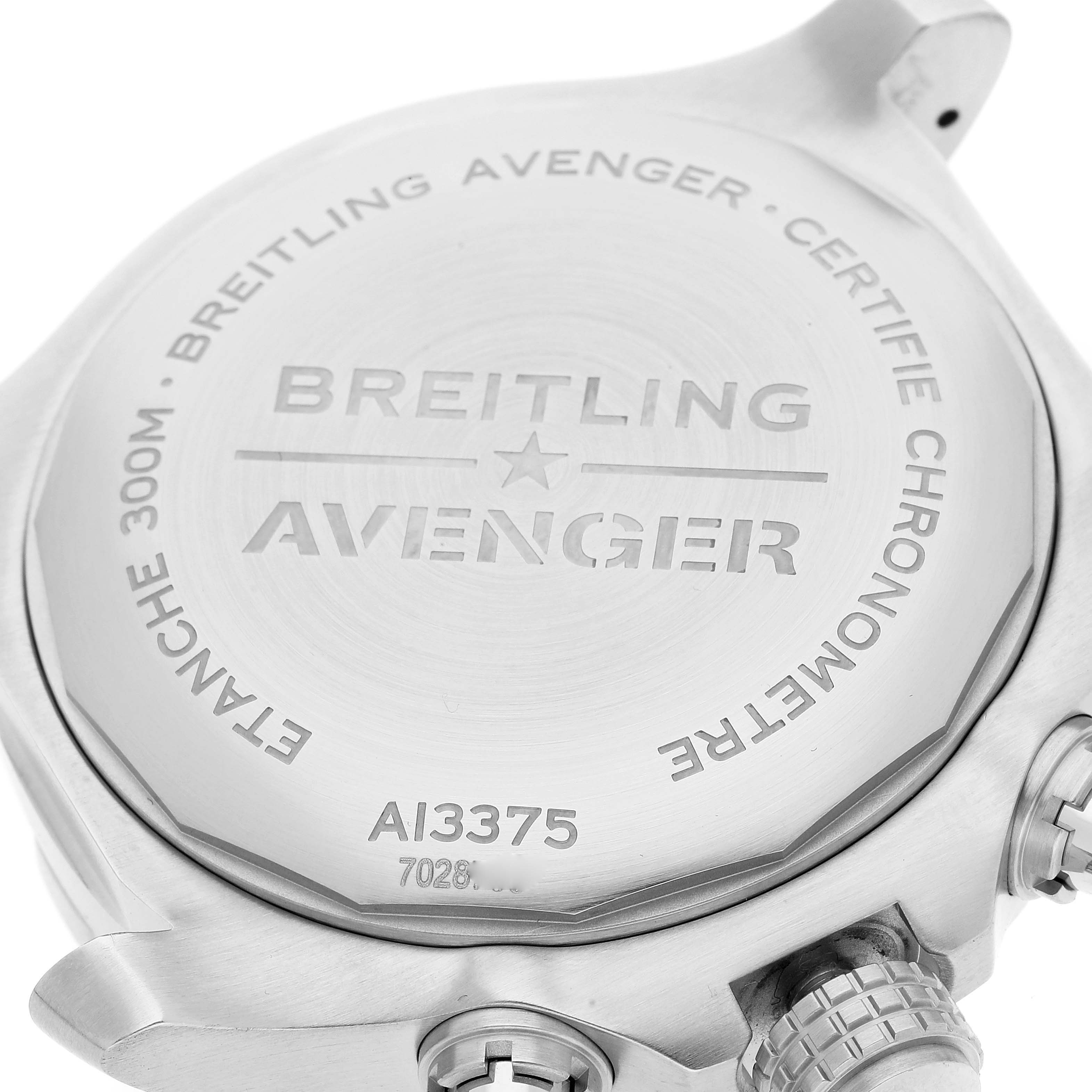 This image shows the back case and crown of the Breitling Avenger A13375 Men's Stainless Steel Black Dial A13375 Men's Stainless Steel Black Dial watch from an angled rear view.