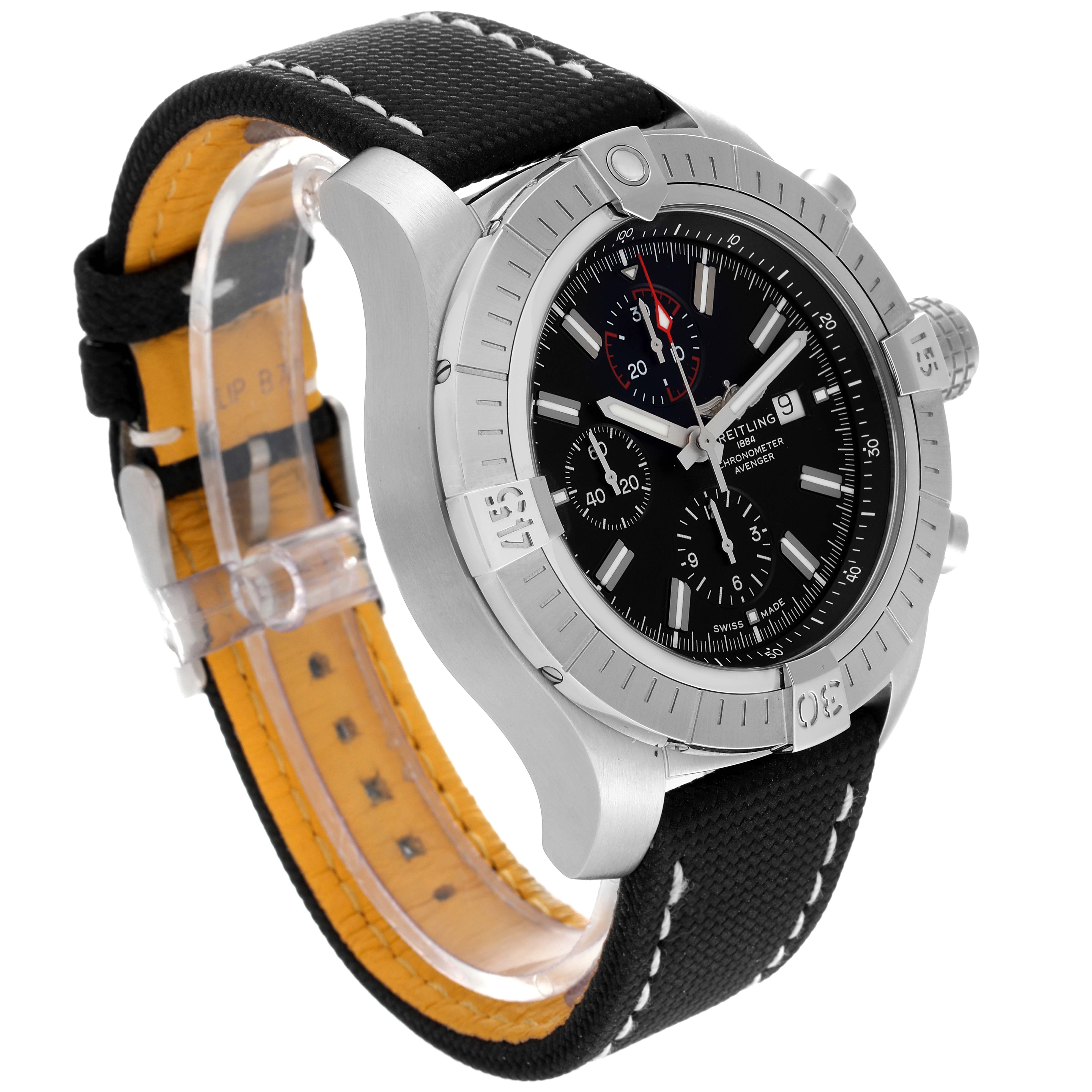 Side angle view of a Breitling Avenger A13375 Men's Stainless Steel Black Dial A13375 Men's Stainless Steel Black Dial watch showing the face, bezel, crown, and part of the strap.