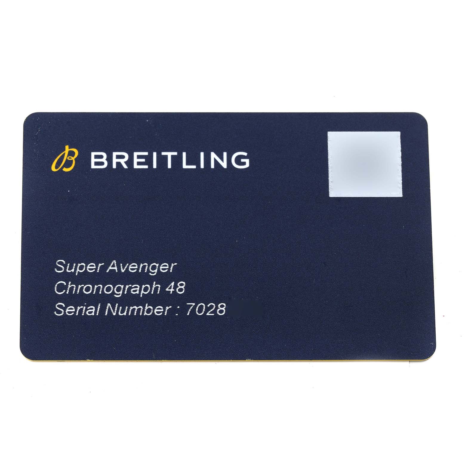This image shows a warranty card for the Breitling Super Avenger Chronograph 48.