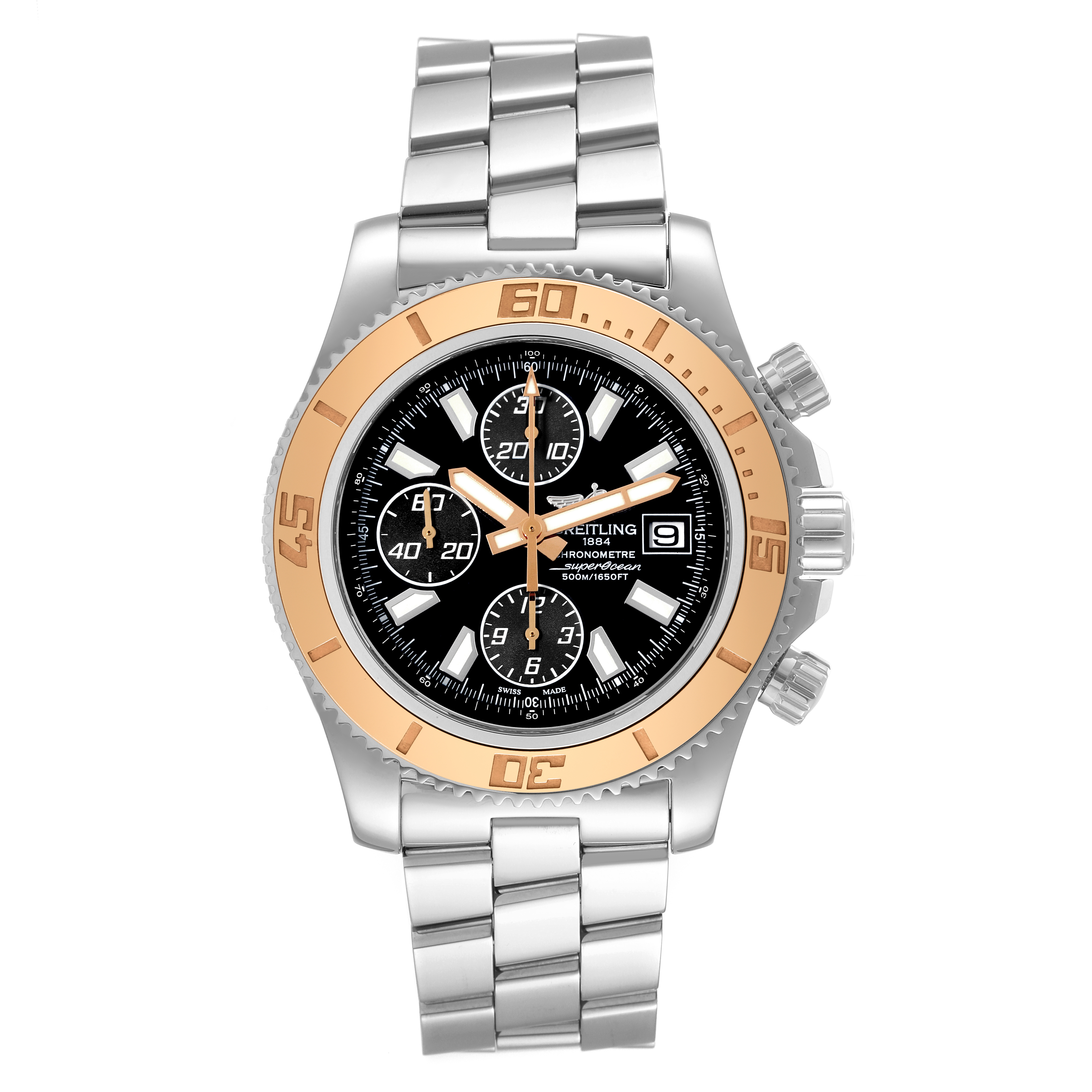 The image shows a front view of a Breitling Superocean C13341 Men's Steel and Gold (two tone) Black Dial C13341 Men's Steel and Gold (two tone) Black Dial watch featuring a black dial, gold bezel, and stainless steel bracelet.